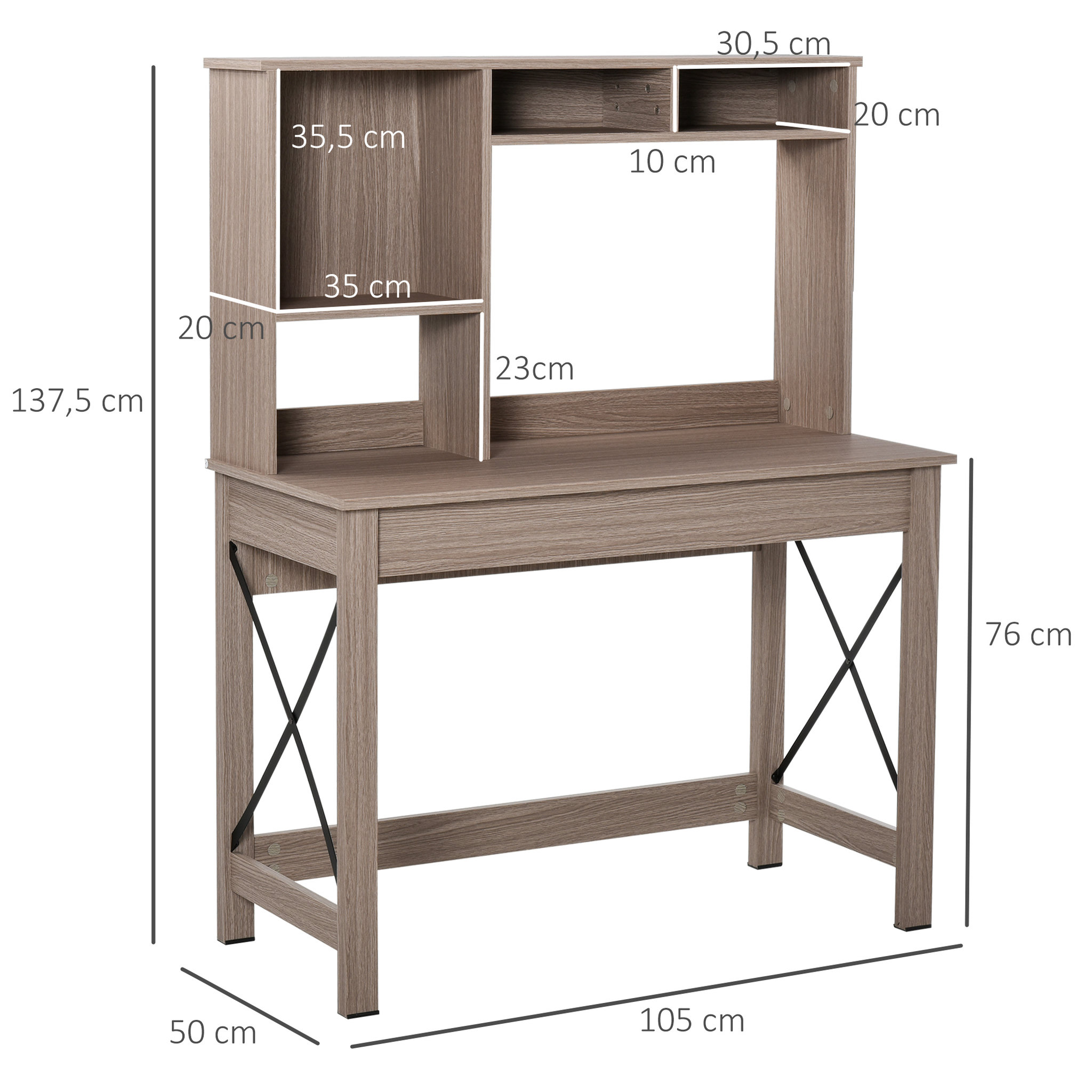 Voir la diapositive 3 : HOMCOM Bureau bibliothèque 2 en 1 - 3 niches 4 espaces de rangement - panneaux particules aspect bois marron clair métal noir
