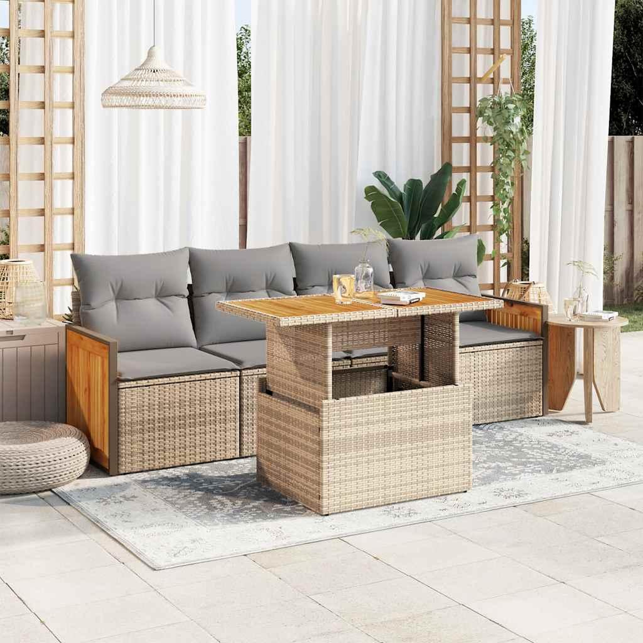 VIDAXL Salon de jardin avec coussins 5 pcs beige resine tressee acacia