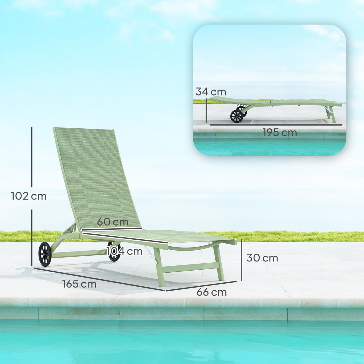 OUTSUNNY Lot de 2 bains de soleil transats inclinables - 2 roulettes - alu. textilène vert