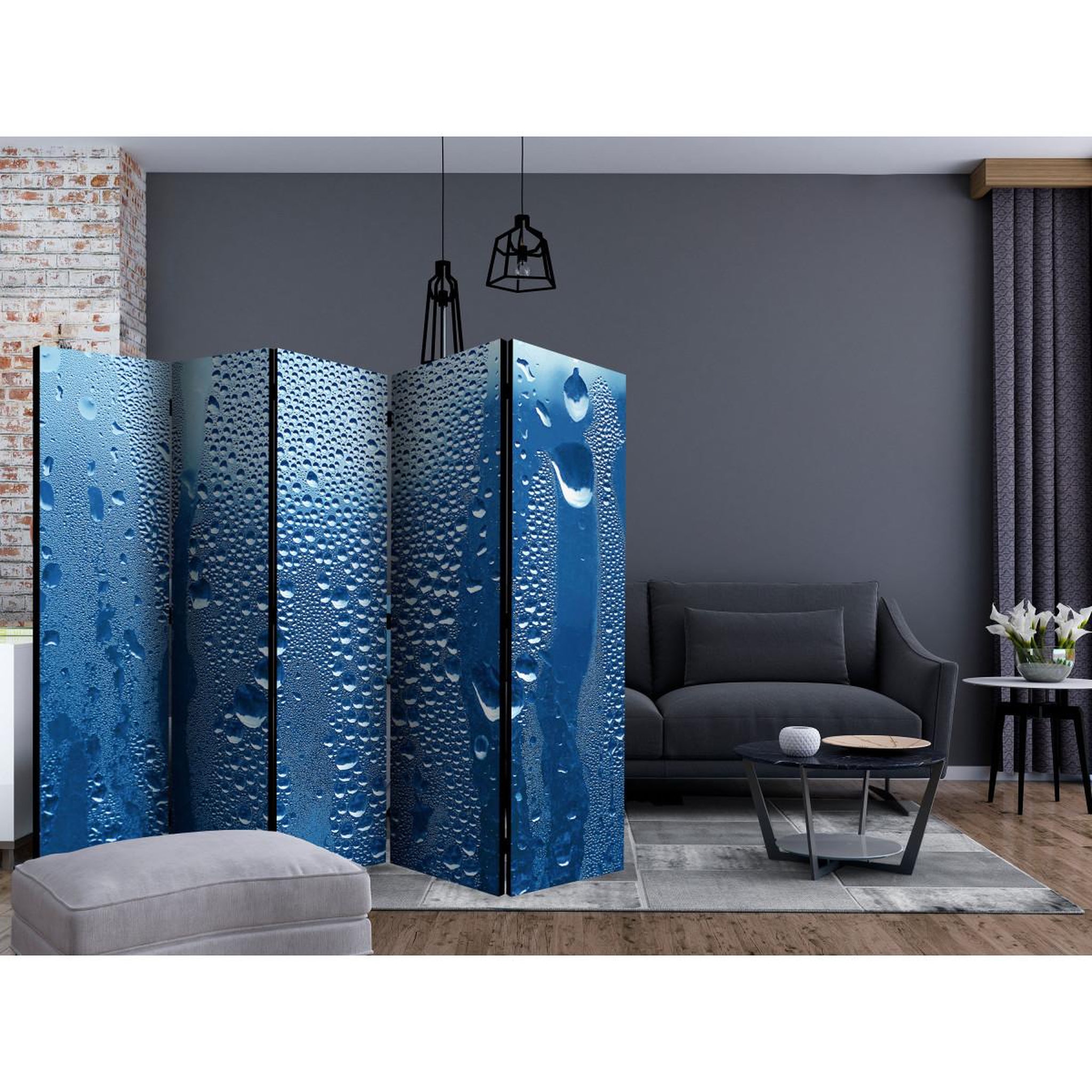 Voir la diapositive 2 : Paris Prix Paravent 5 volets  water drops on blue glass  172x225cm
