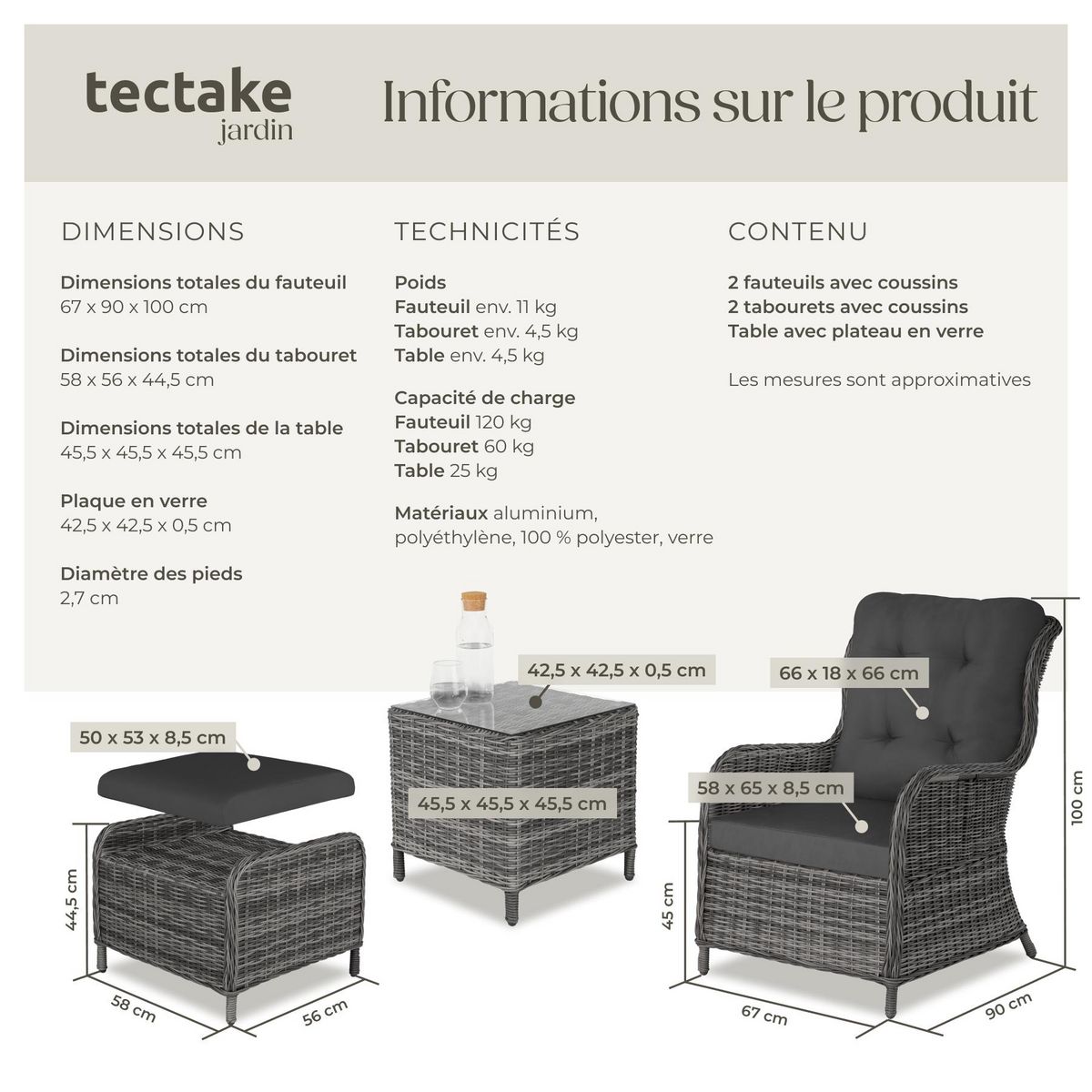 tectake Salon de jardin pour 2 à 4 personnes gris tacheté/gris