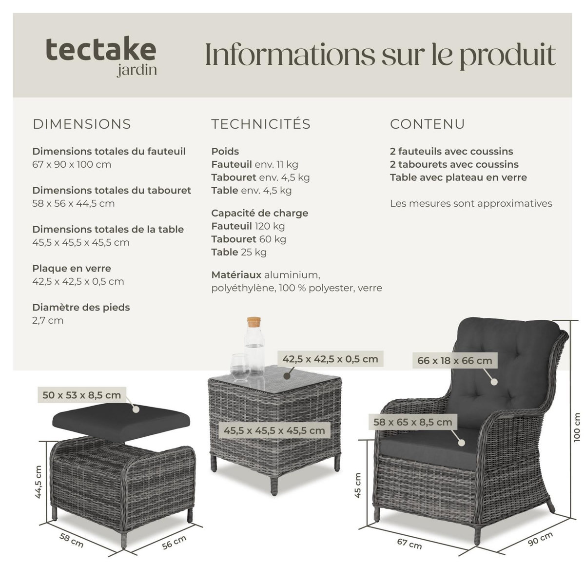 tectake Salon de jardin pour 2 à 4 personnes gris tacheté/gris