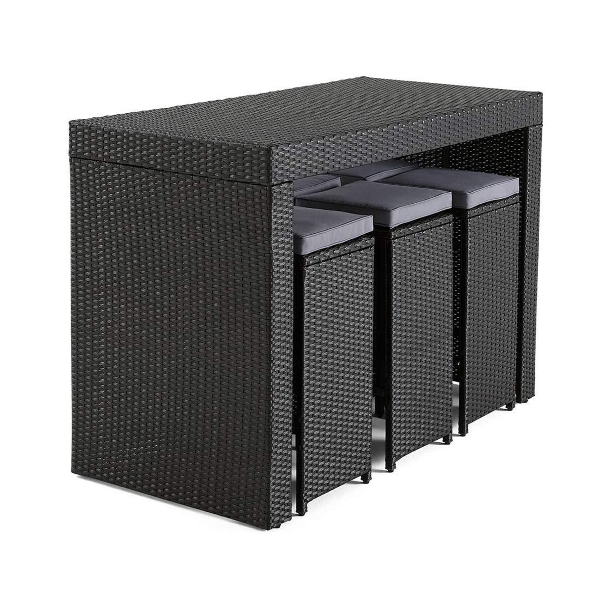 BEST MOBILIER Yoana – ensemble table haute et tabourets de jardin en résine noir - 6 places - coussins gris