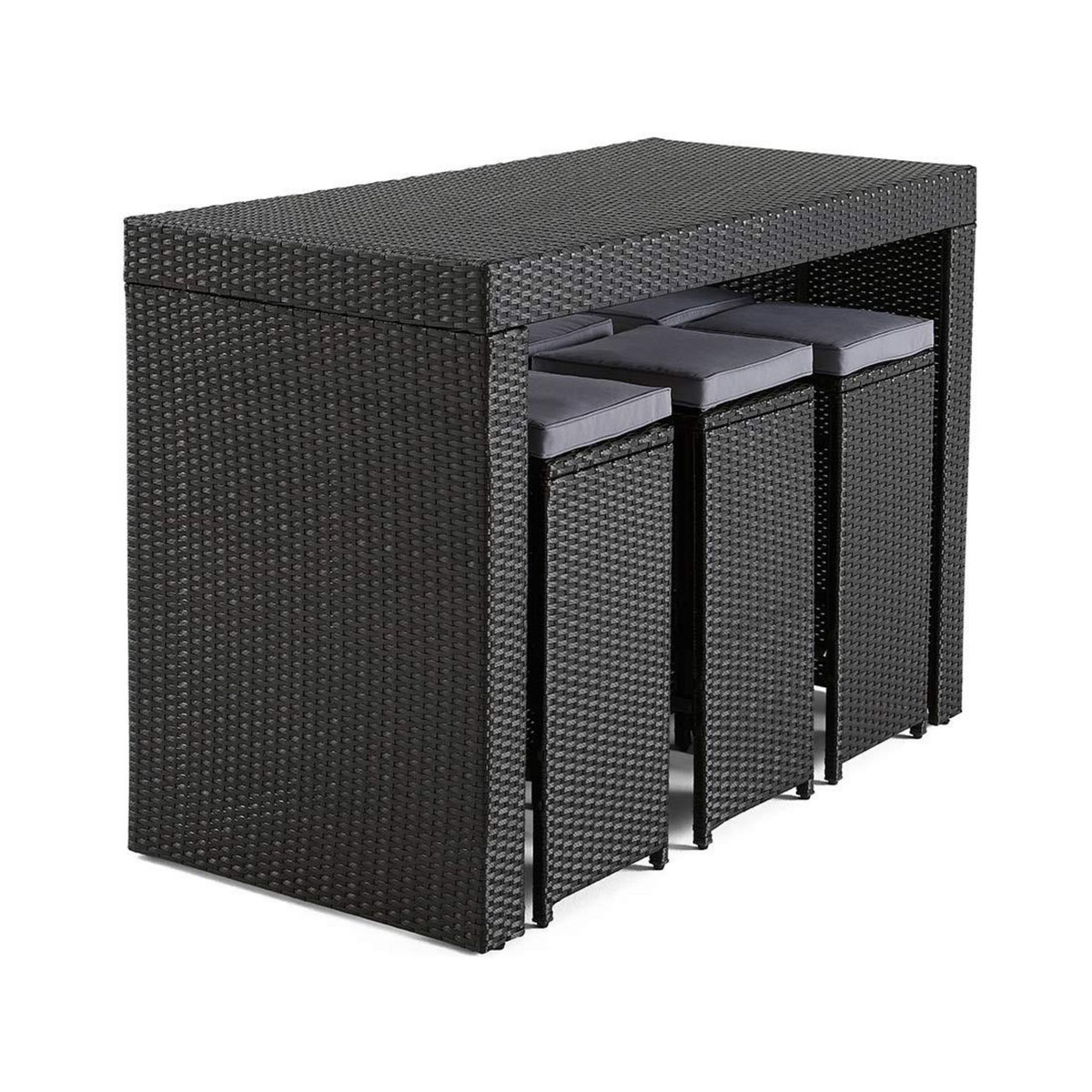 BEST MOBILIER Yoana – ensemble table haute et tabourets de jardin en résine noir - 6 places - coussins gris