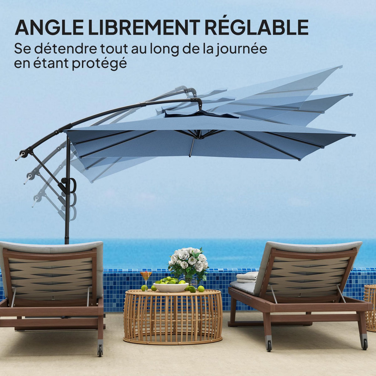 OUTSUNNY Parasol déporté carré 3 x 3 m réglable piètement croix manivelle tissu haute densité 180g/m² UPF50+ bleu