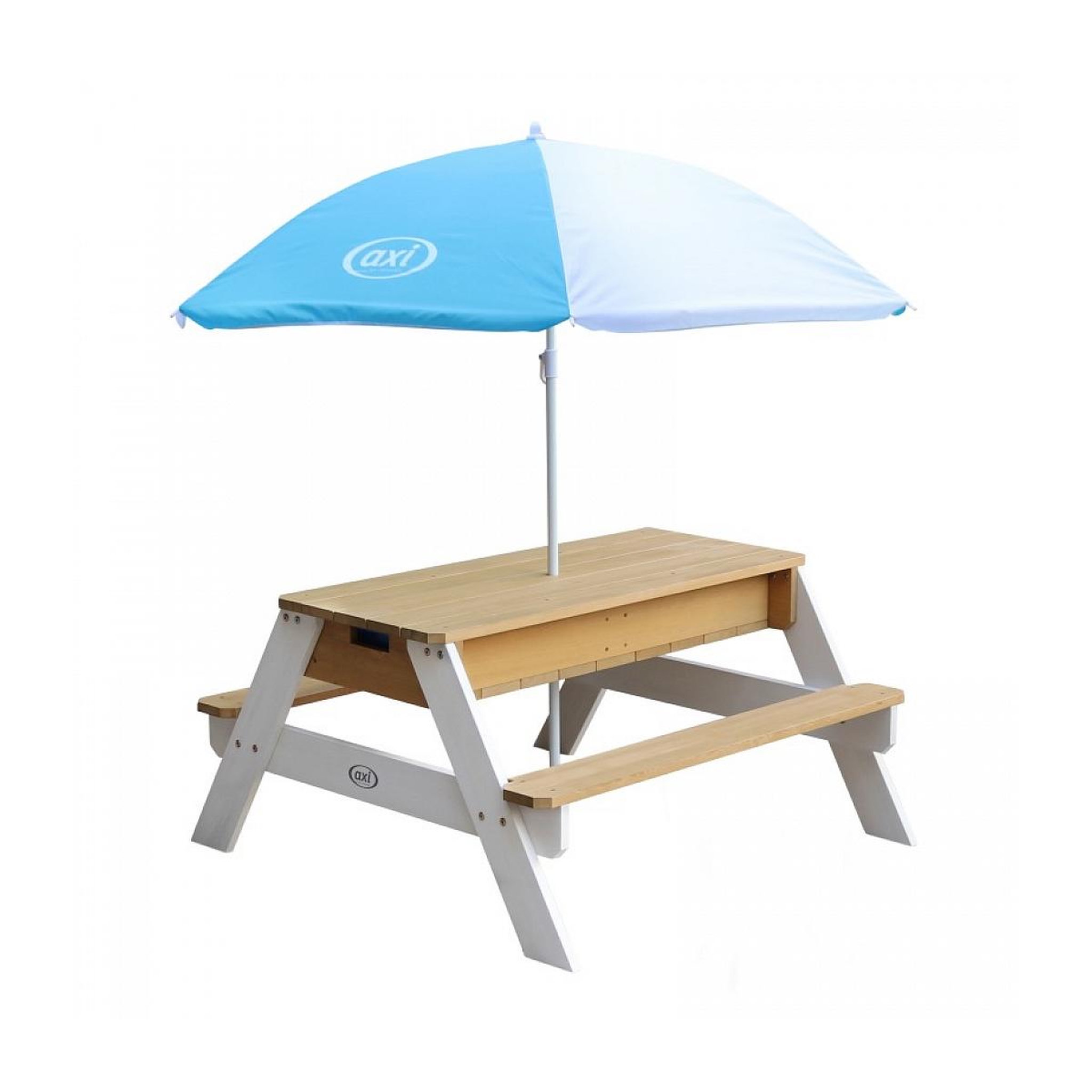 Voir la diapositive 1 : Axi House AXI Table sable et eau NICK Brun Blanc avec parasol Bleu Blanc 90x80x56cm