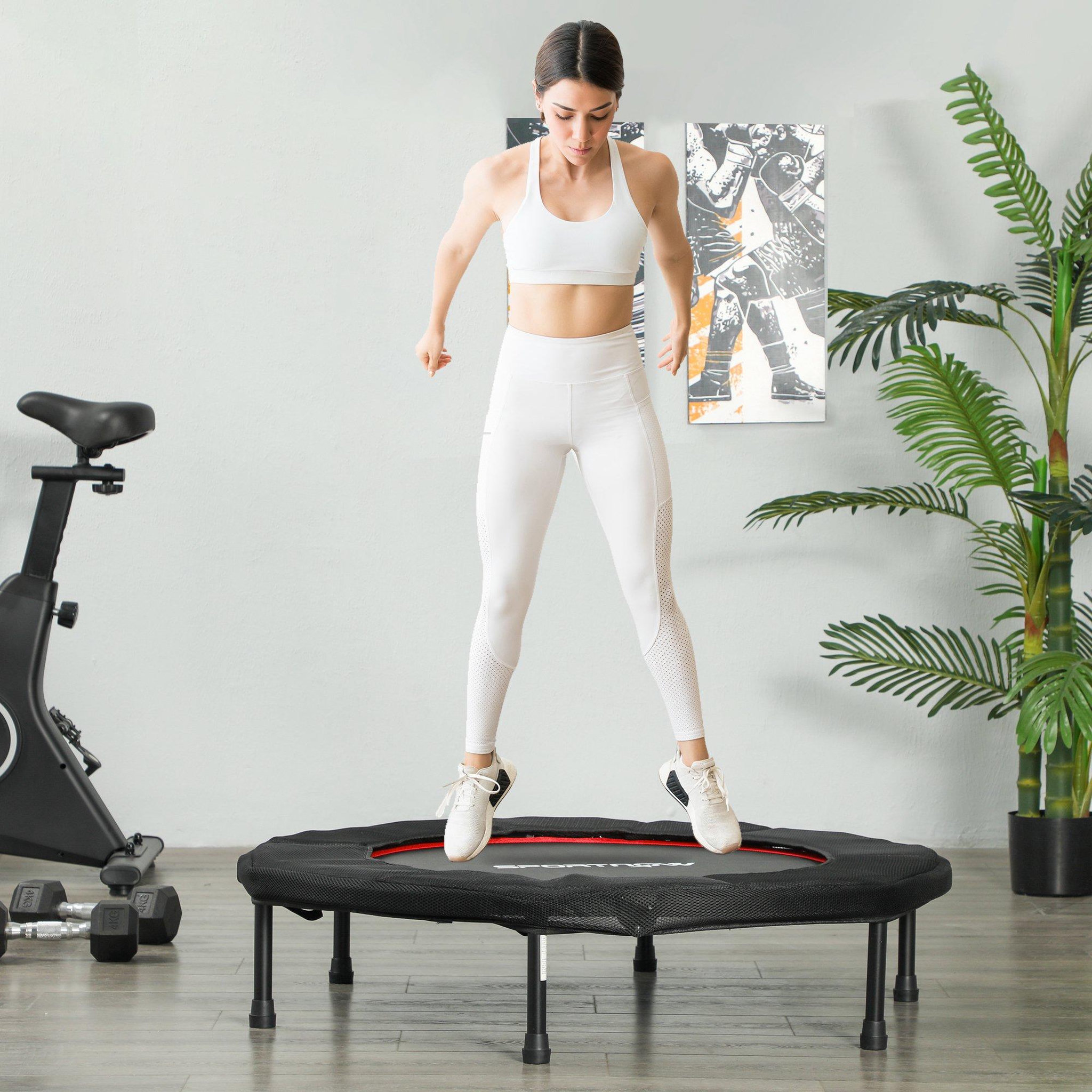 Voir la diapositive 6 : HOMCOM Trampoline fitness dia. 102 cm antidérapant acier tissu noir rouge