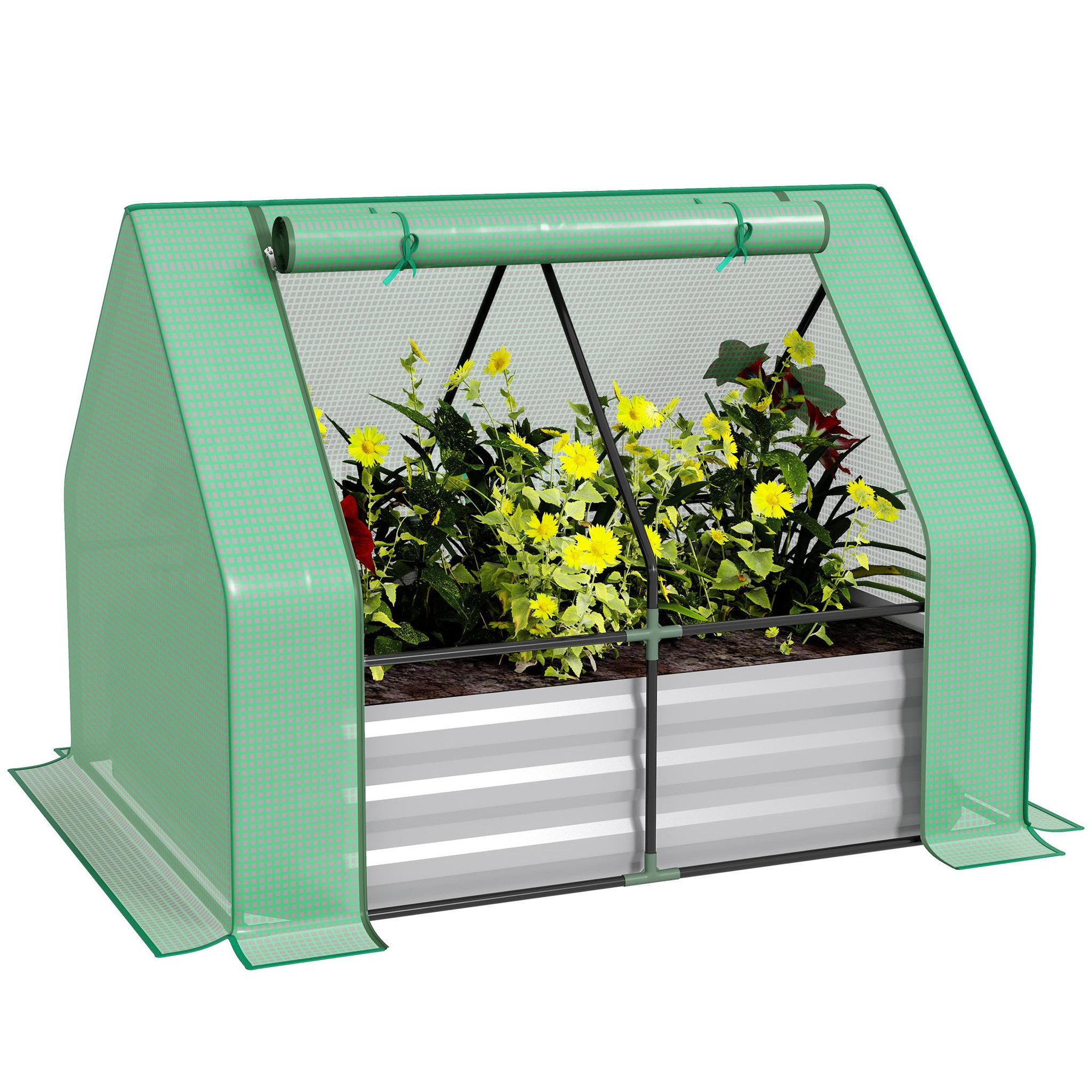 Voir la diapositive 1 : OUTSUNNY Mini serre de jardin serre à tomates avec carré potager - acier thermo-laqué, tôle d'acier ondulée, PE haute densité anti-UV - fenêtre zippée enroulable vert