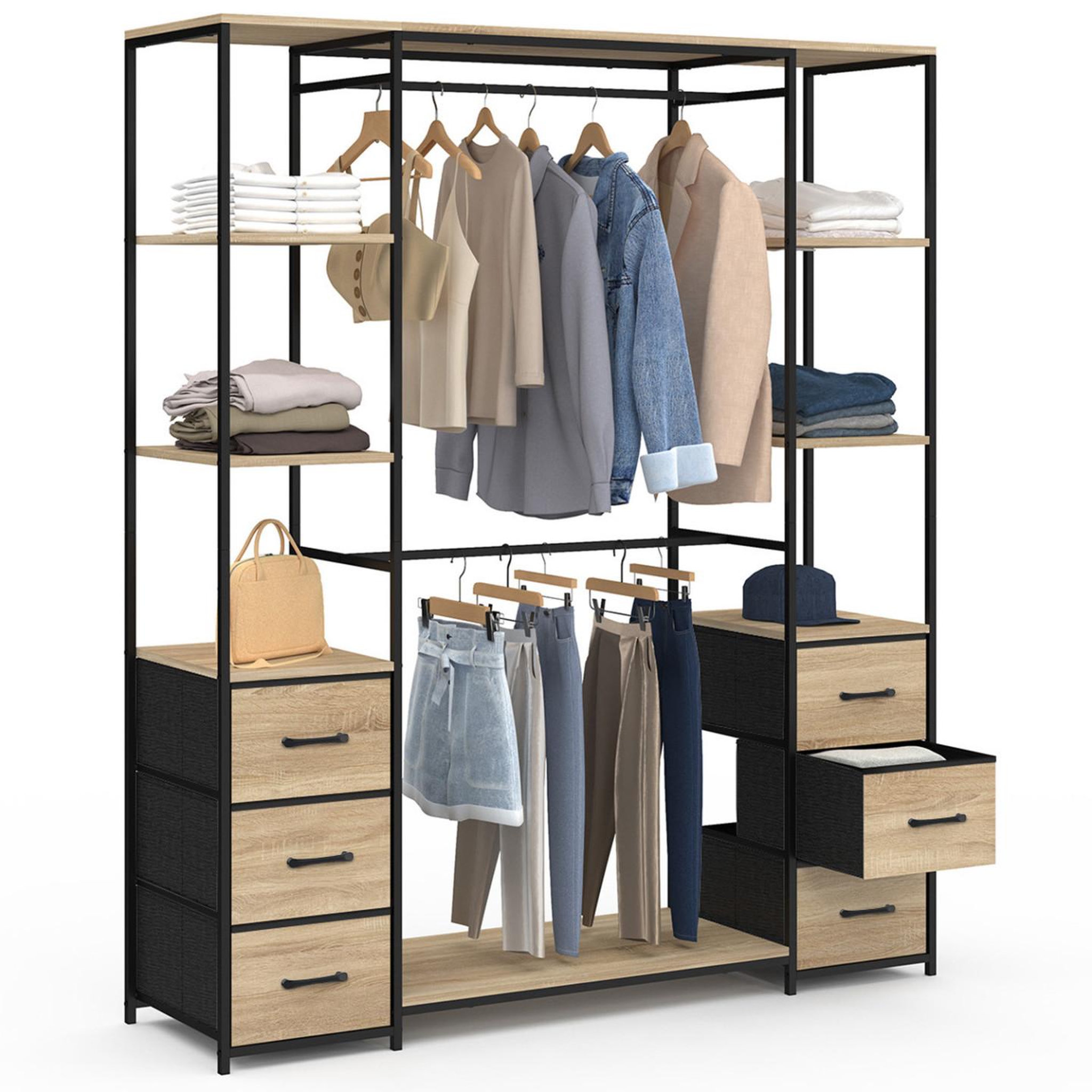 ID MARKET Dressing double penderie + double colonne l. 140 cm utah avec 6 étagères et 6 bacs en tissu bois et noir