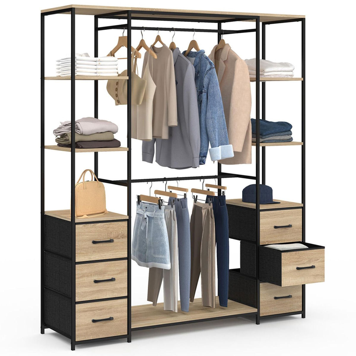 ID MARKET Dressing double penderie + double colonne L. 140 cm UTAH avec 6 étagères et 6 bacs en tissu bois et noir