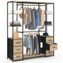 Voir la diapositive 1 : ID MARKET Dressing double penderie + double colonne L. 140 cm UTAH avec 6 étagères et 6 bacs en tissu bois et noir