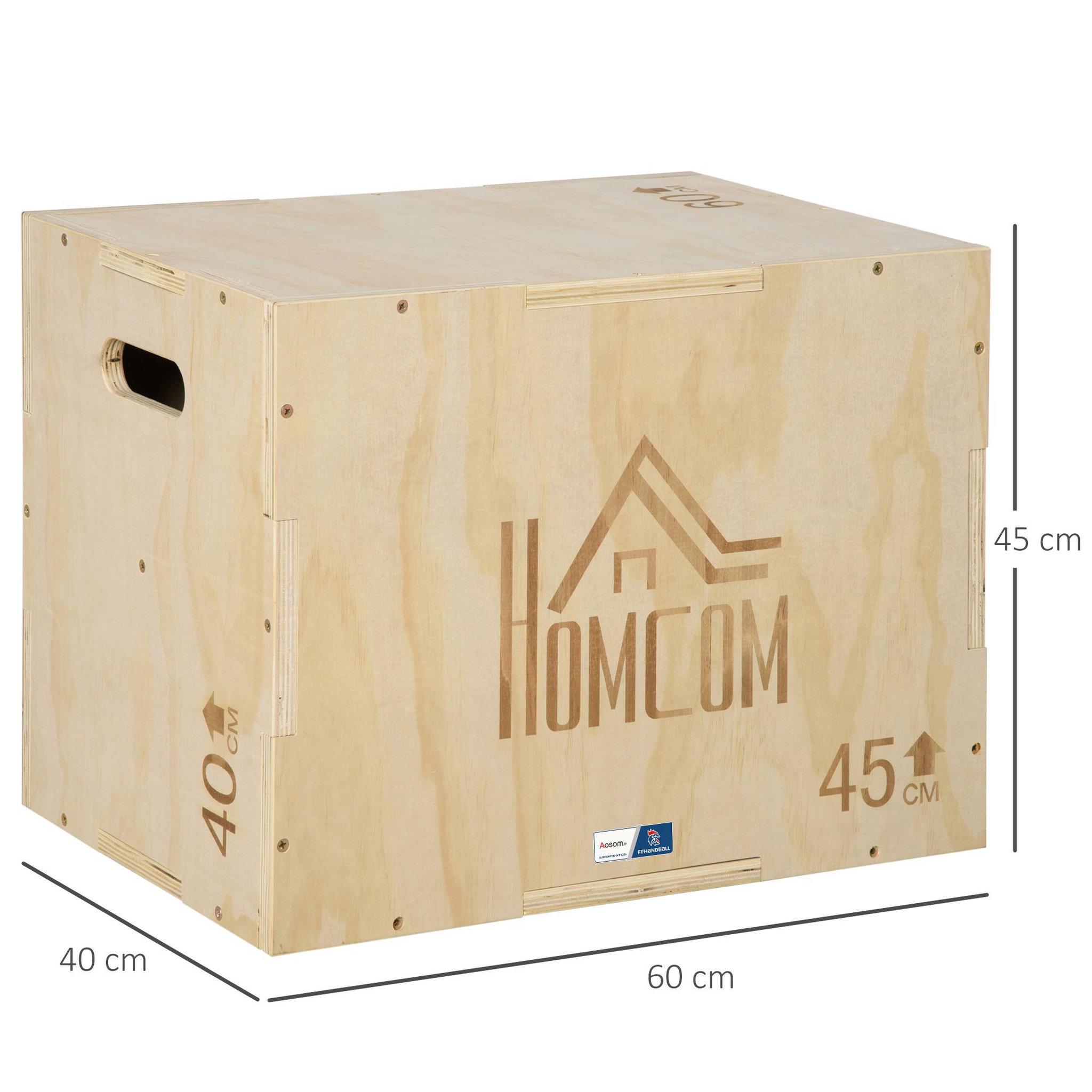 Voir la diapositive 3 : HOMCOM Box jump - box de pliométrie - collaboration Aosom.fr x FFHandball - 40/45/60H cm - max. 120 Kg - bois