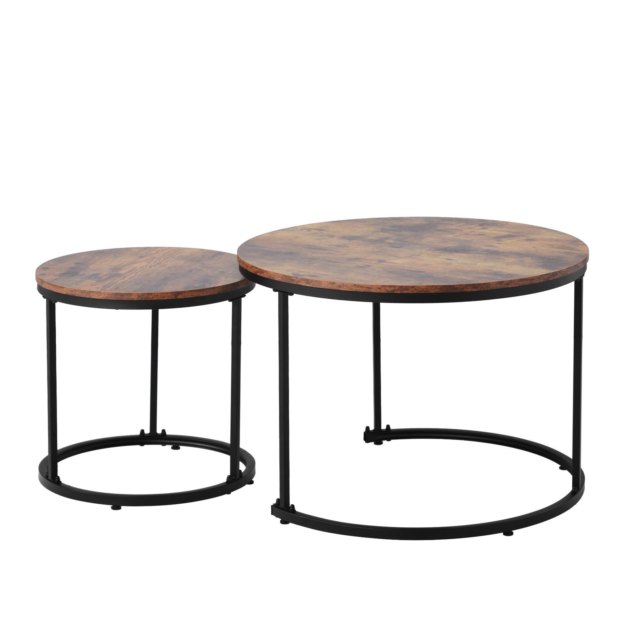 MERAX Ensemble De 2 Tables Basses Rondes Avec Cadre En Métal Et Plateau En Panneaux Placage Marbre Marron