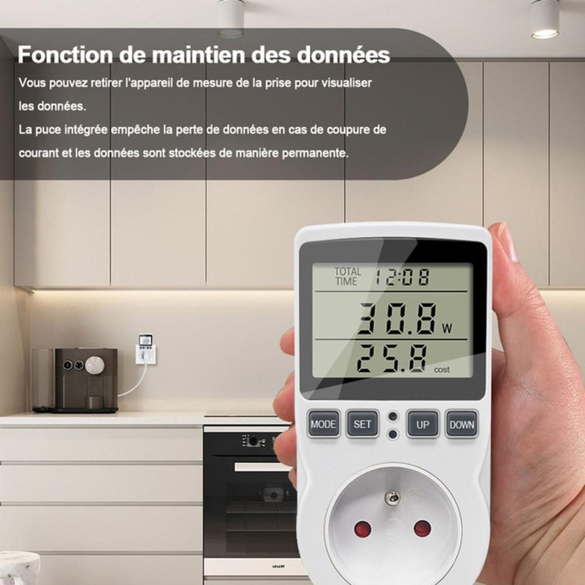 Voir la diapositive 3 : Prise wattmètre mesure l'énergie en temps réel 230 V, écran LCD rétroéclairé blanc, 11 modes, seuil de surcharge réglable jusqu'à 3680 W, alertes SURCHARGE