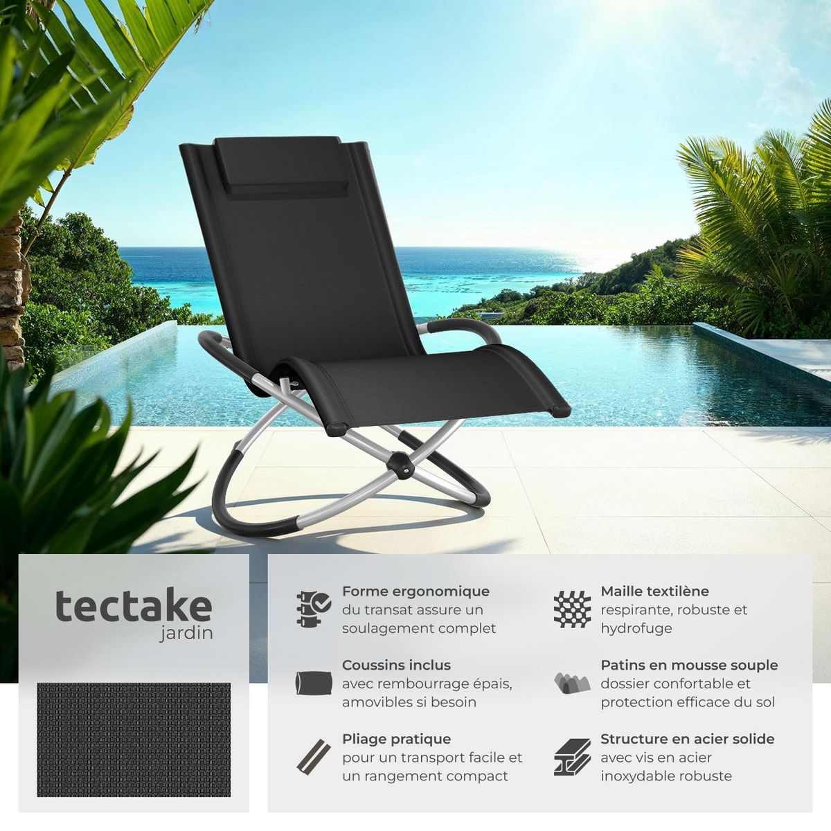 tectake Bain de soleil avec textilène noir