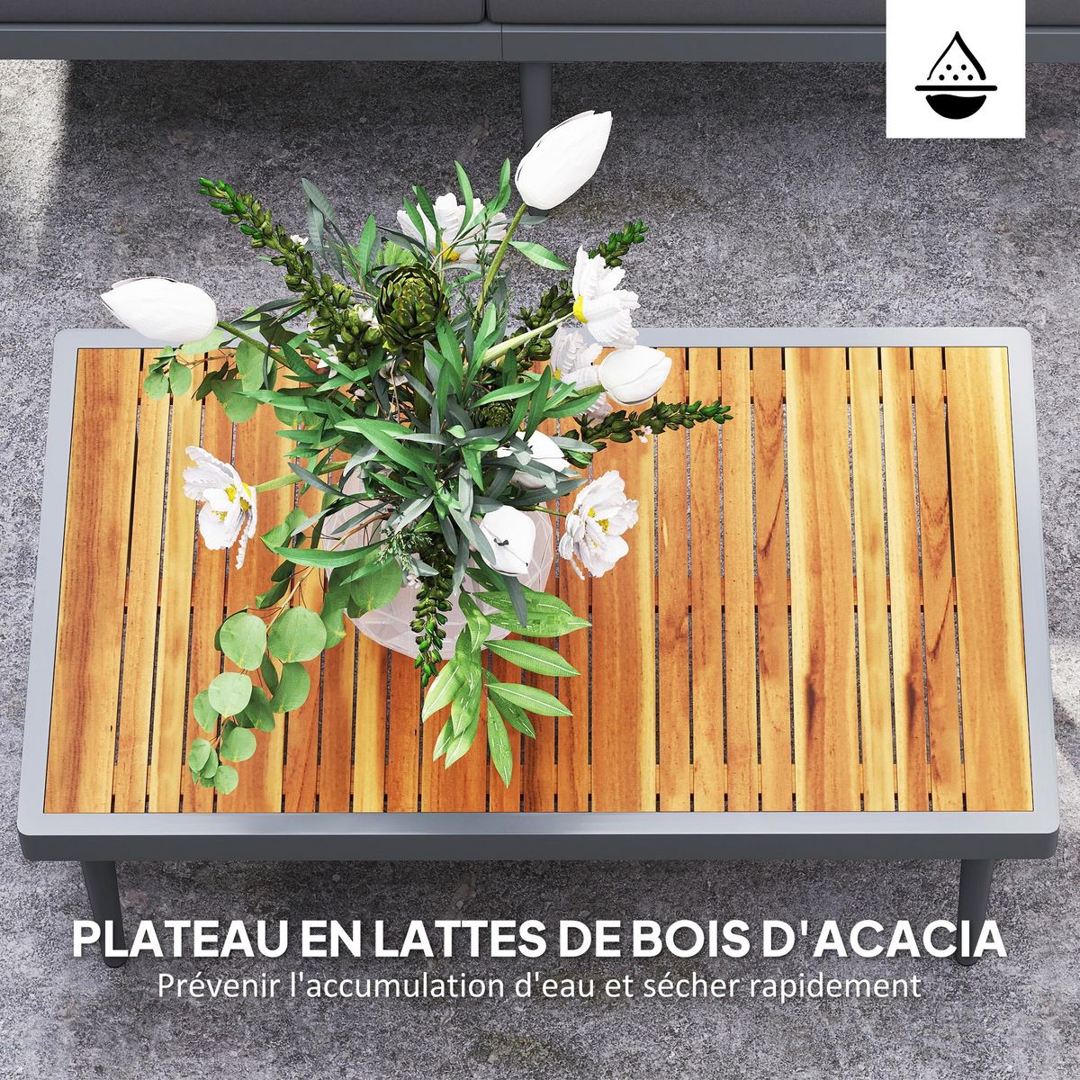 OUTSUNNY Salon de jardin design modulable 4 places 3 pièces acier coussins gris étagère plateau bois acacia