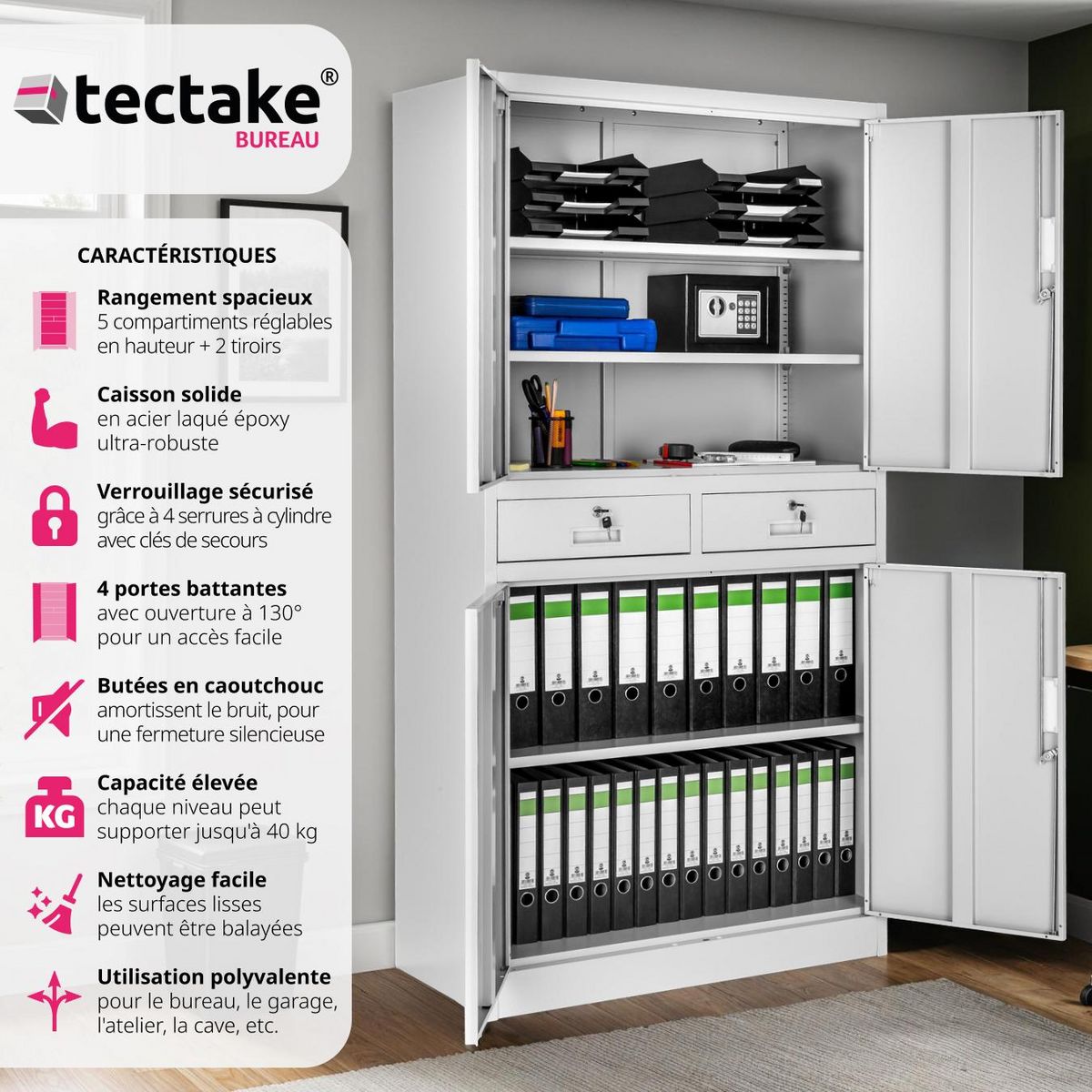 tectake Armoire de classement en métal en acier lâqué époxy gris clair