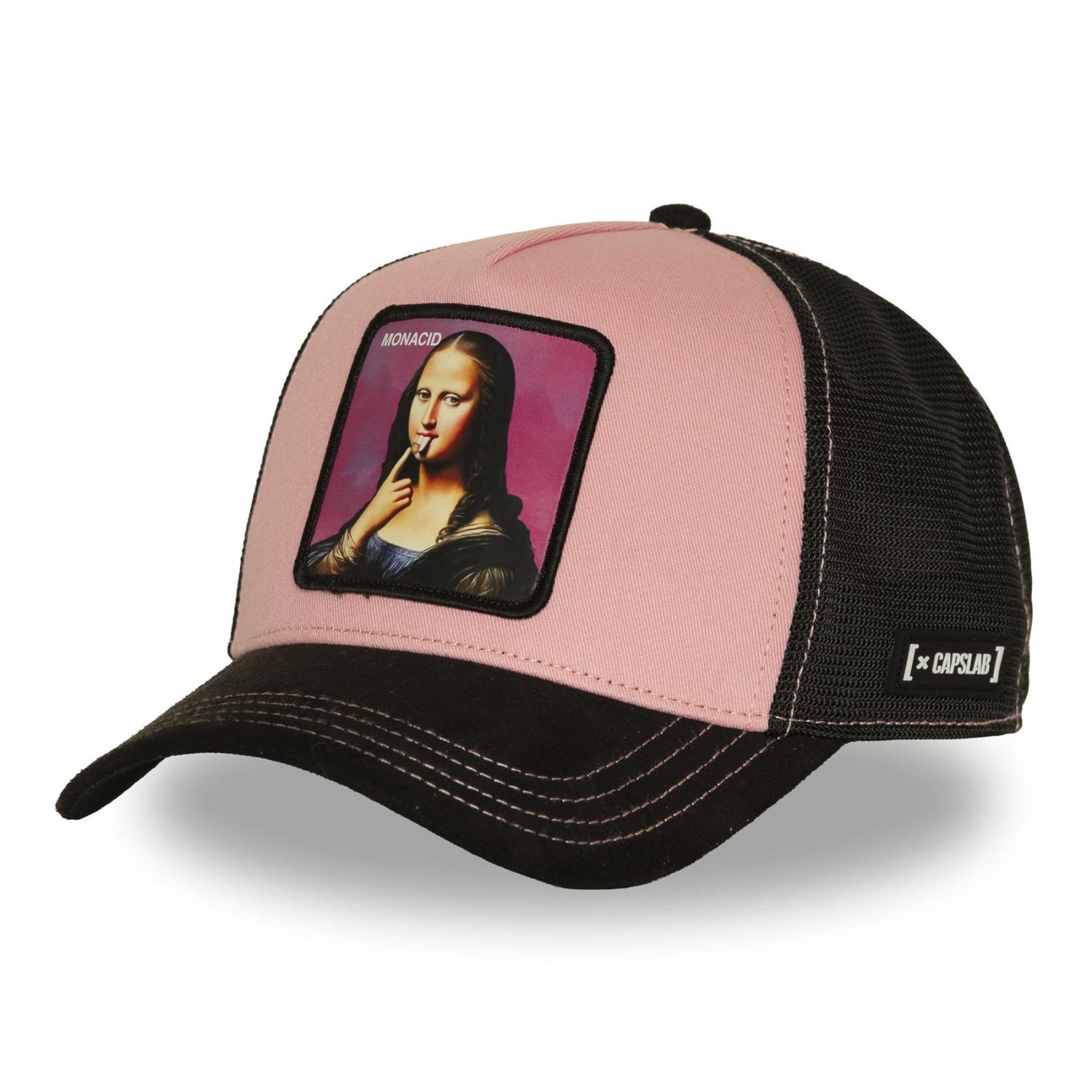 CAPSLAB Casquette trucker avec filet et patch mona. Coloris disponibles : Rose