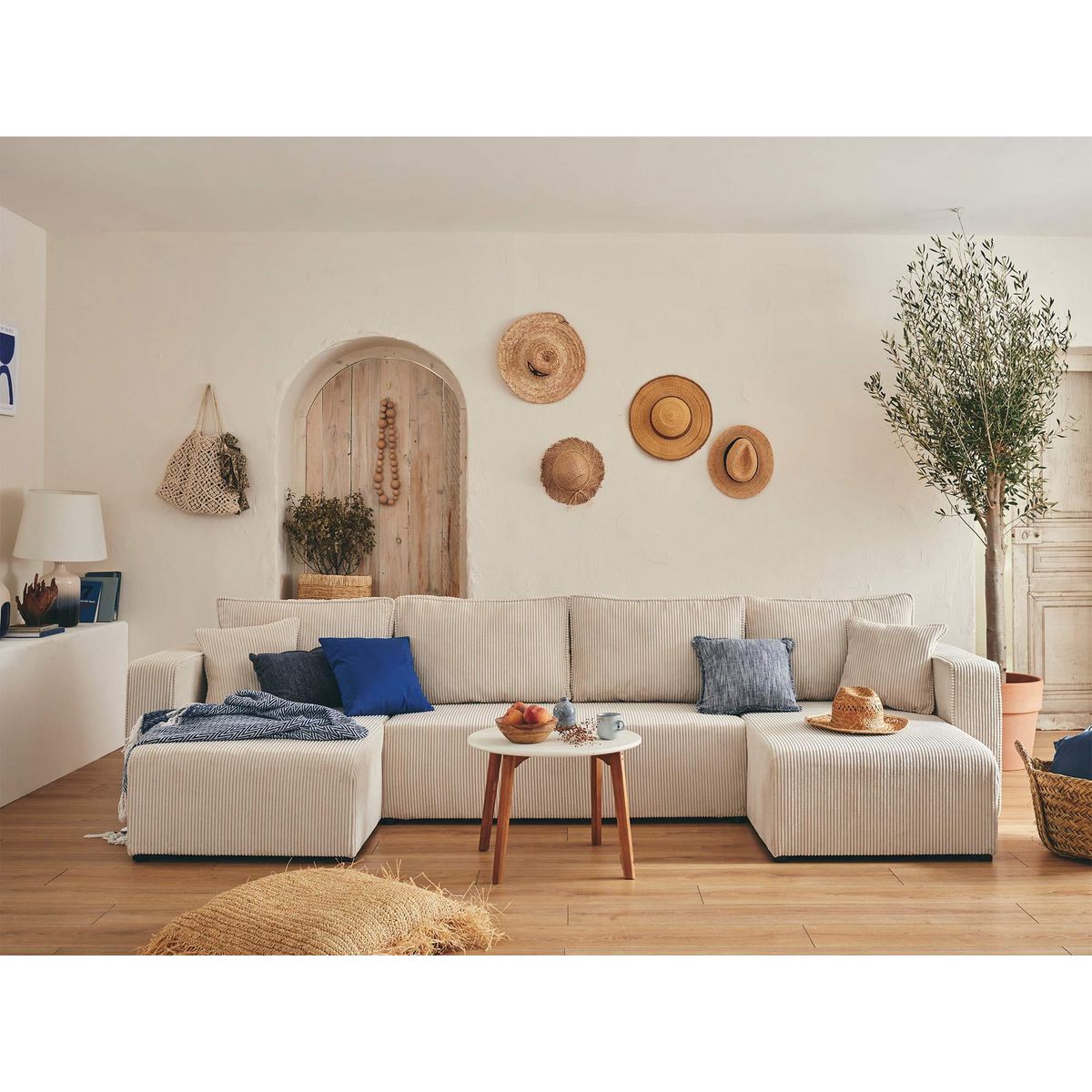 BEST MOBILIER Topaze - canapé panoramique en u - 7 places - convertible avec coffre - en velours côtelé