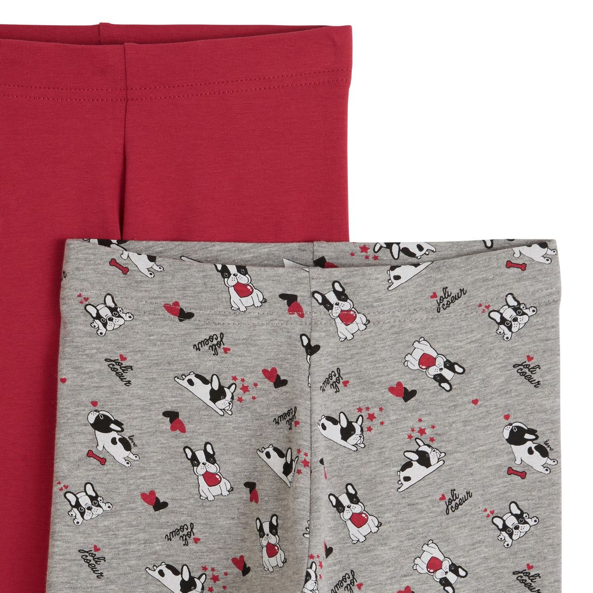 INEXTENSO Lot de 2 leggings fille en coton rouge uni et gris à motif chien 