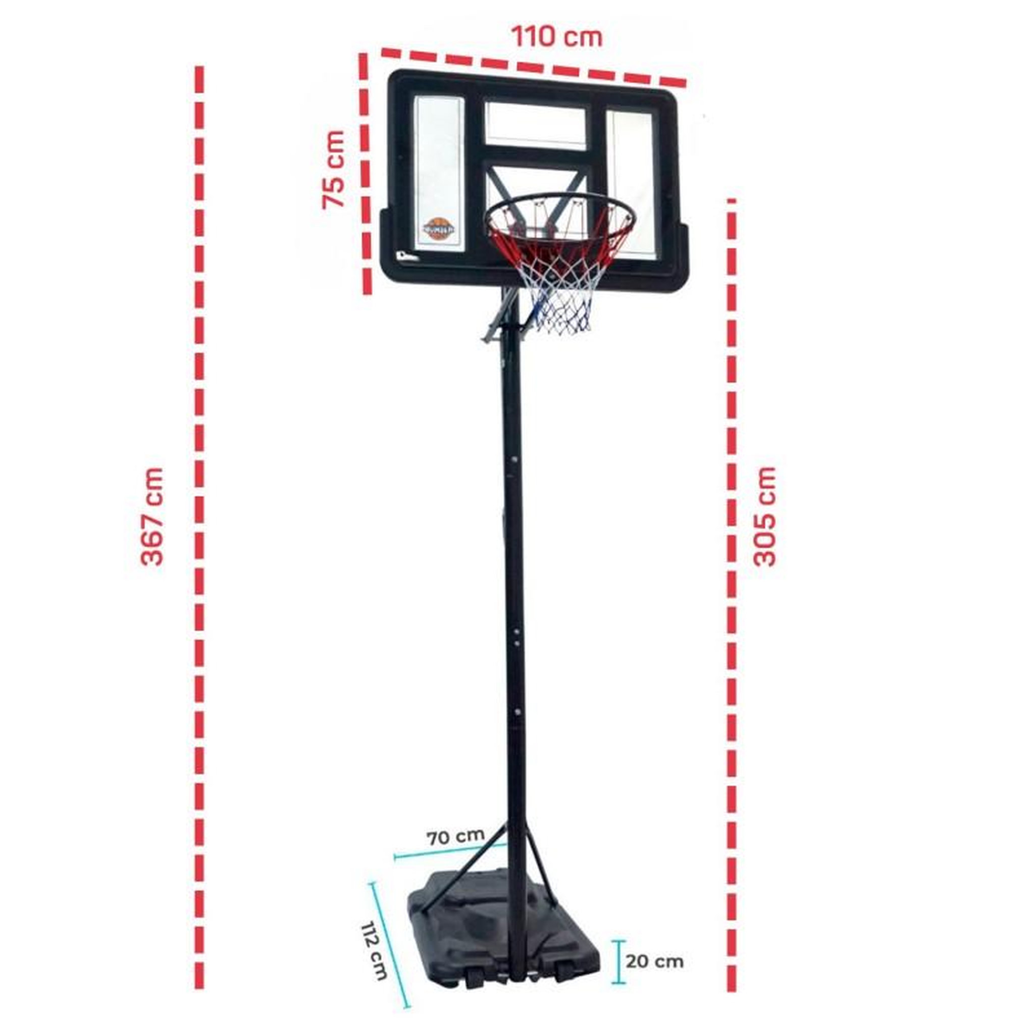 Voir la diapositive 4 : BUMBER Panier de Basket sur pied mobile CHICAGO - Diamètre 45 cm - Hauteur Réglable de 2,30m à 3,05m
