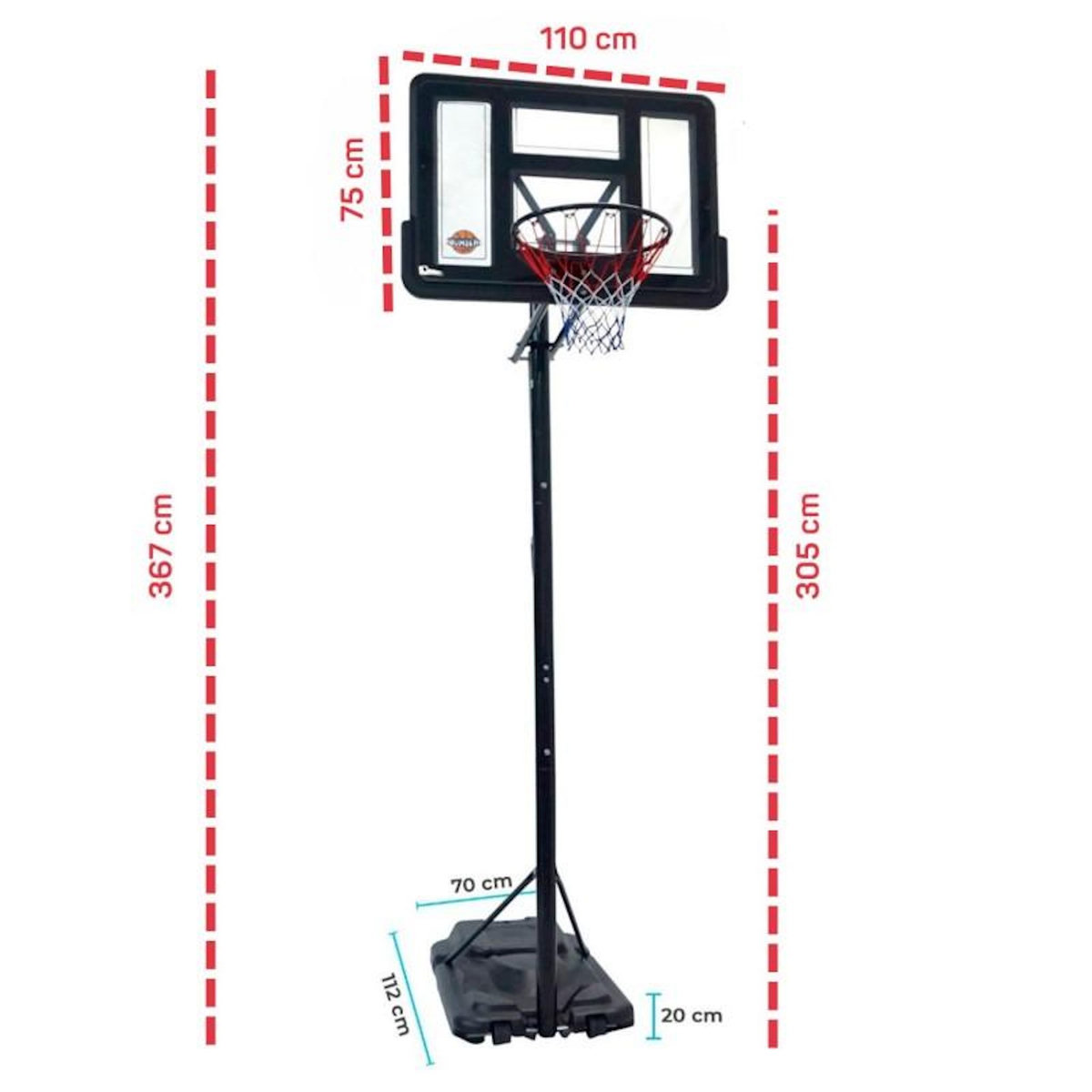 BUMBER Panier de Basket sur pied mobile CHICAGO - Diamètre 45 cm - Hauteur Réglable de 2,30m à 3,05m