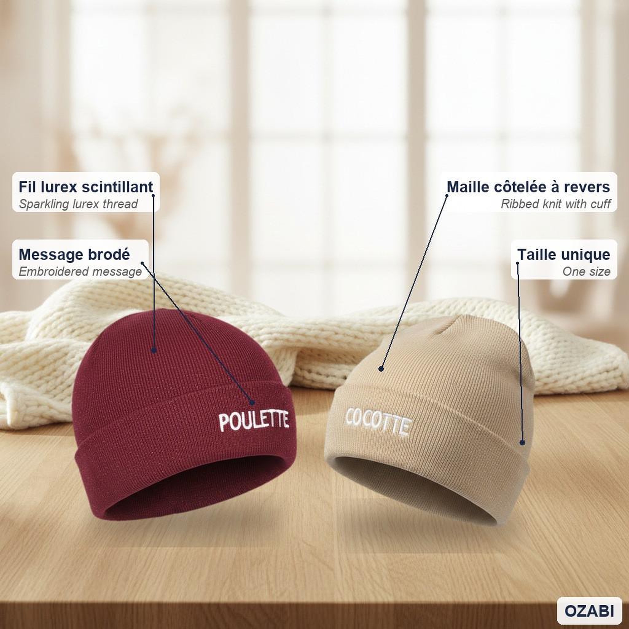 Voir la diapositive 5 : OZABI OZABI Bonnets Femme Fil Lurex Pailleté Message Brodé - Pack de 2 (Lot)