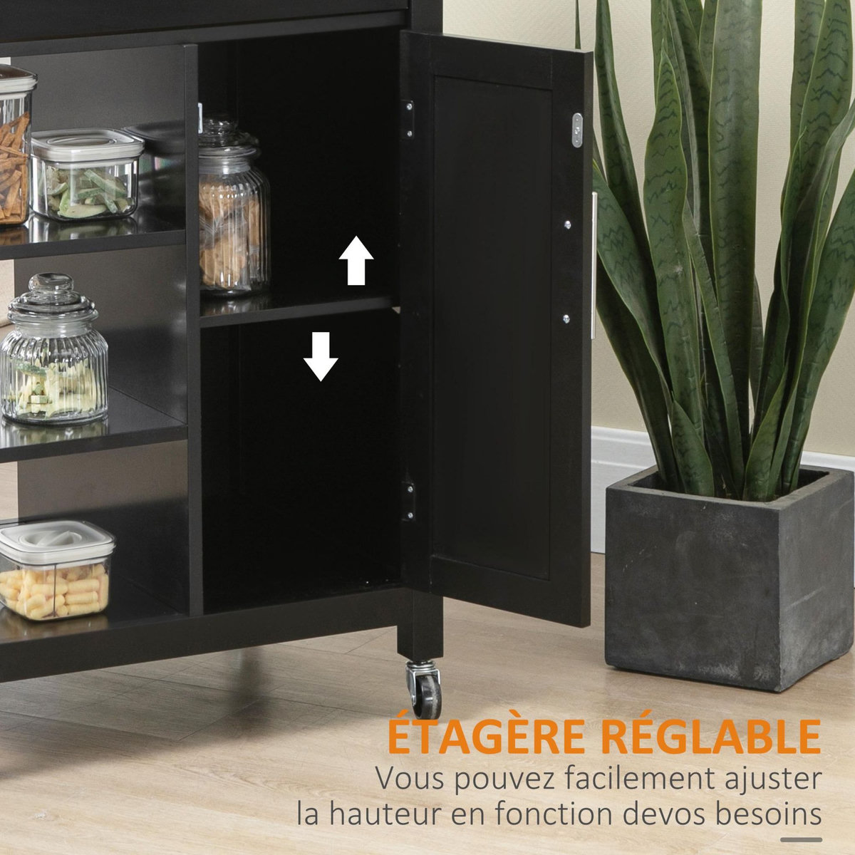 HOMCOM Desserte de cuisine style contemporain - porte, tiroir, 3 étagères - poignées métal MDF noir plateau bois hévéa