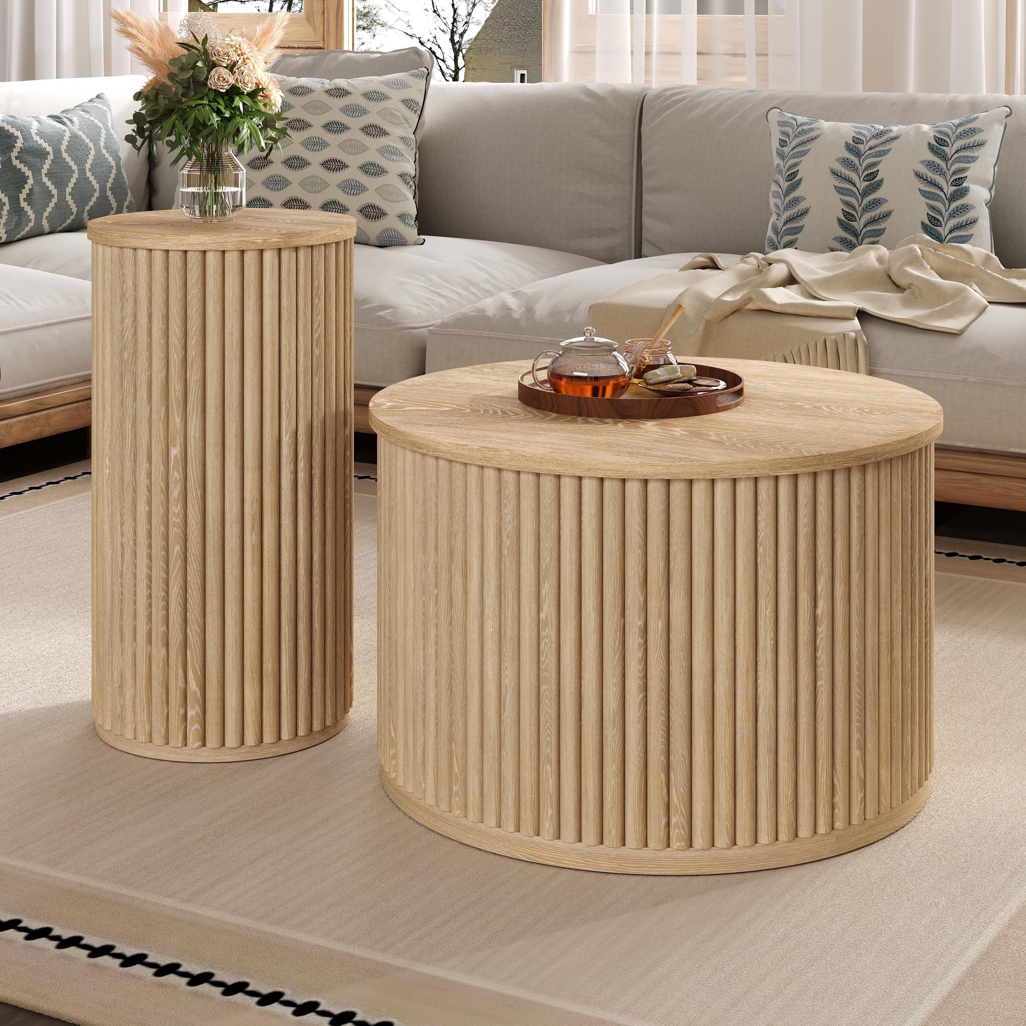 Voir la diapositive 4 : MERAX Table basse gigogne ronde naturel - 60x60 cm mdf