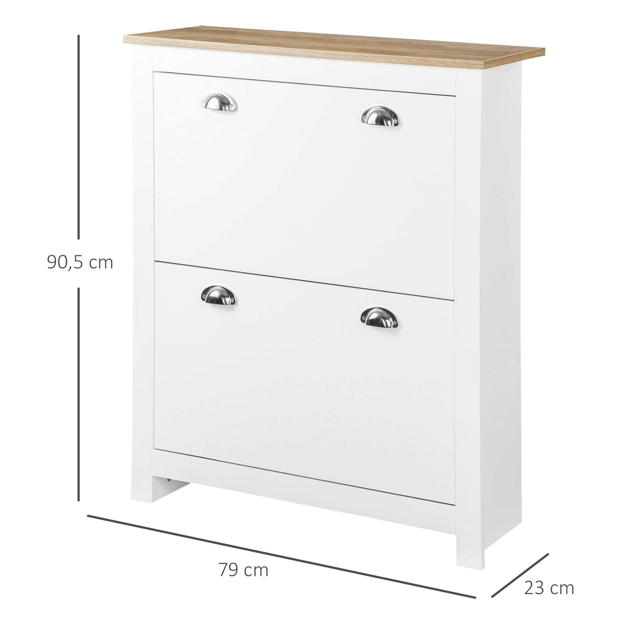 Voir la diapositive 3 : HOMCOM Armoire à chaussures 2 portes abattantes 2 compartiments poignées coquilles métal MDF blanc chêne clair