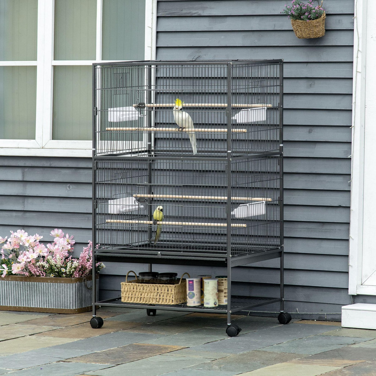 PAWHUT Cage oiseau mobile dim. 78x52x132cm - 4 perchoirs, mangeoires, plateau déjection, étagère - acier époxy gris moucheté
