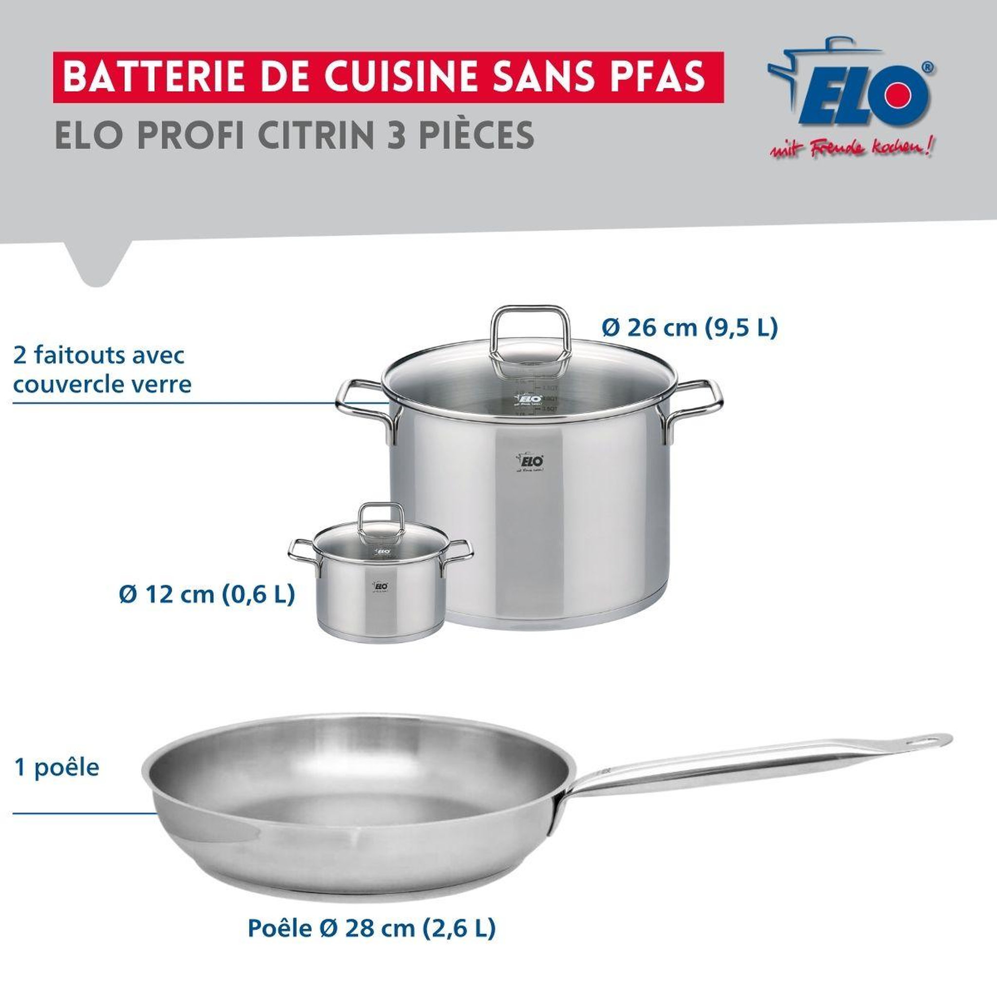 Voir la diapositive 2 : ELO Ensemble de 1 poêle de cuisson 28 cm et 2 faitouts 12 et 26 cm elo profi citrin