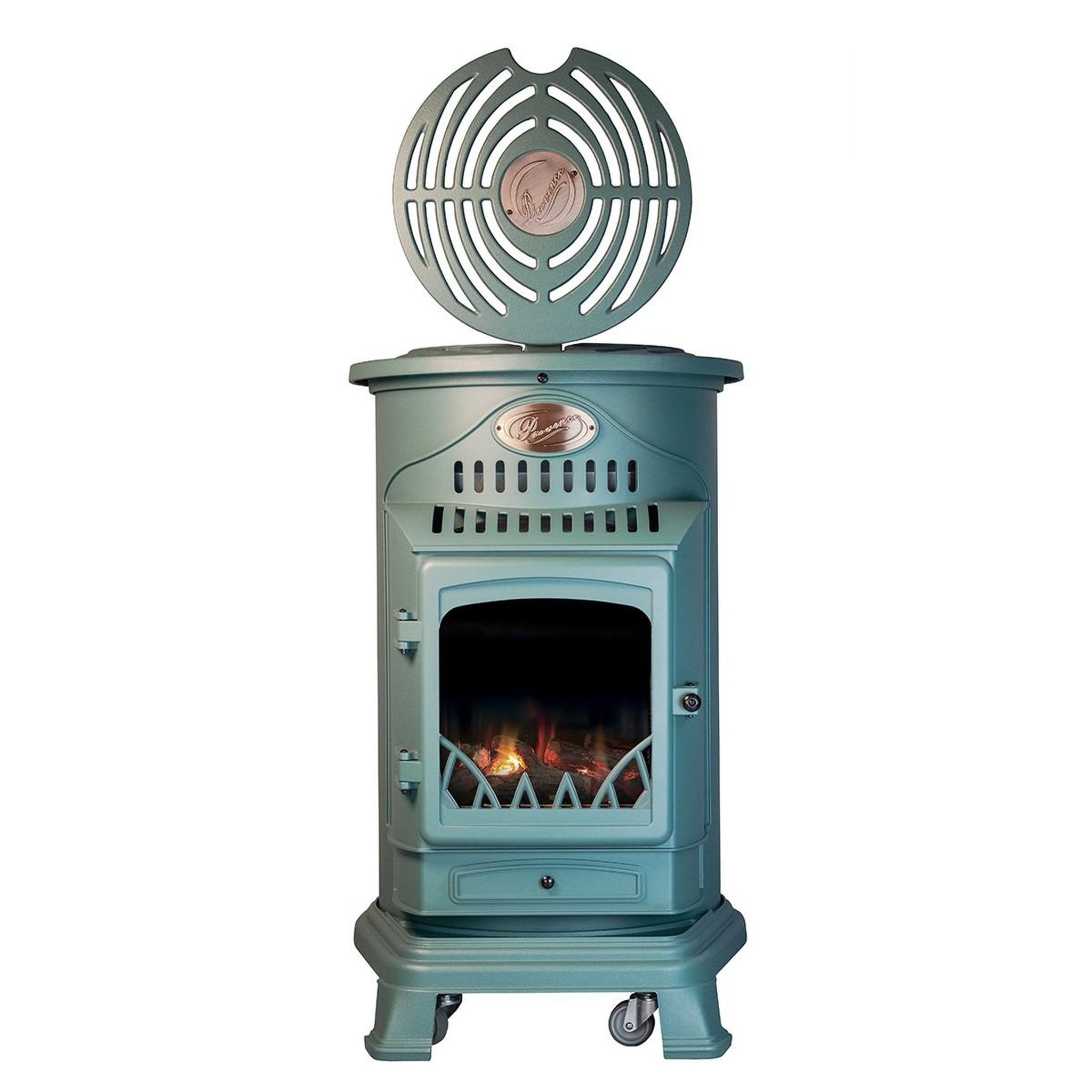 Voir la diapositive 5 : UNIVERSAL Poêle à gaz fonte véritable 3.4kw vert chauffage à gaz effet feu de bois provence universal