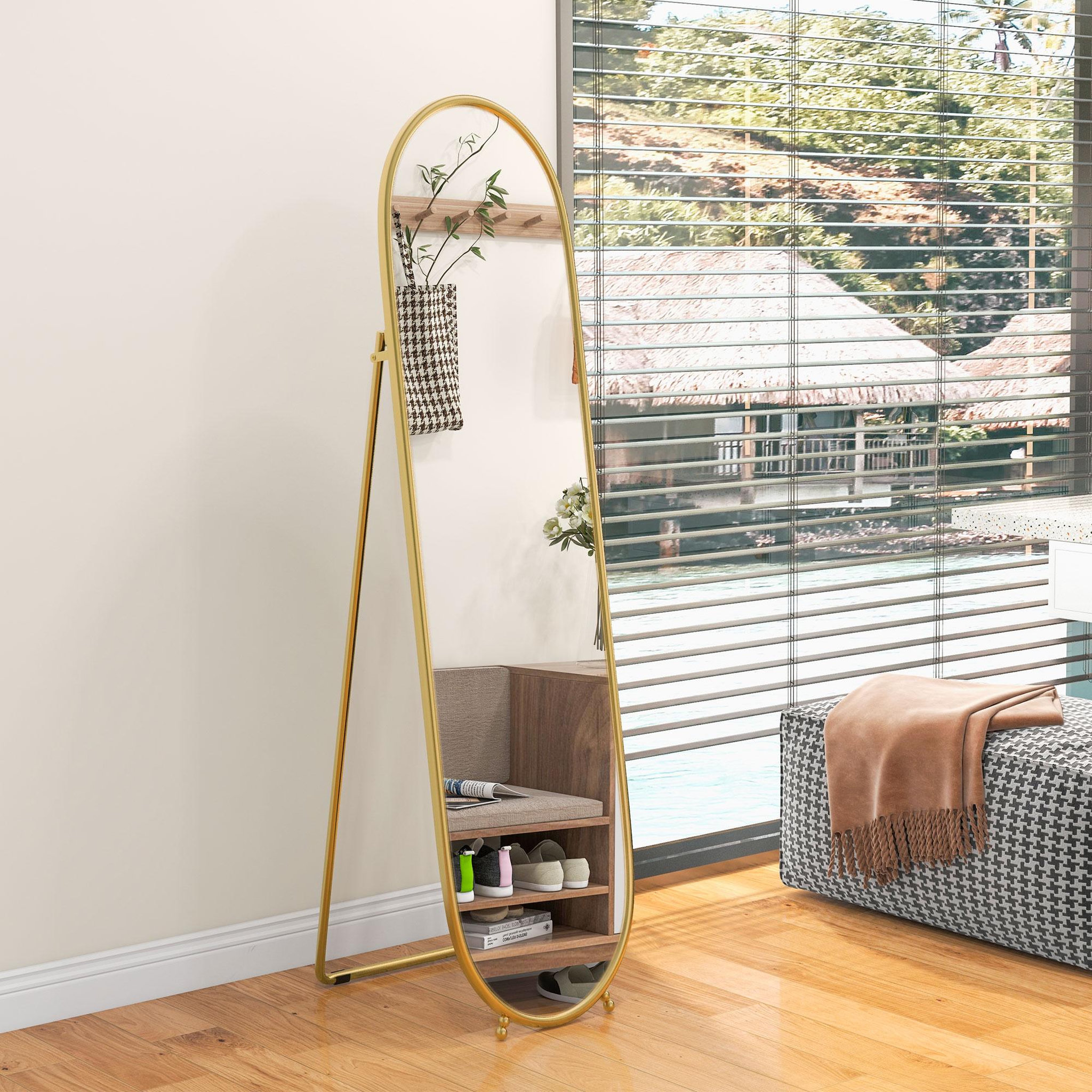 Voir la diapositive 2 : HOMCOM Grand miroir sur pied - miroir mural ovale avec support - dim. 40L x 160H cm - métal doré