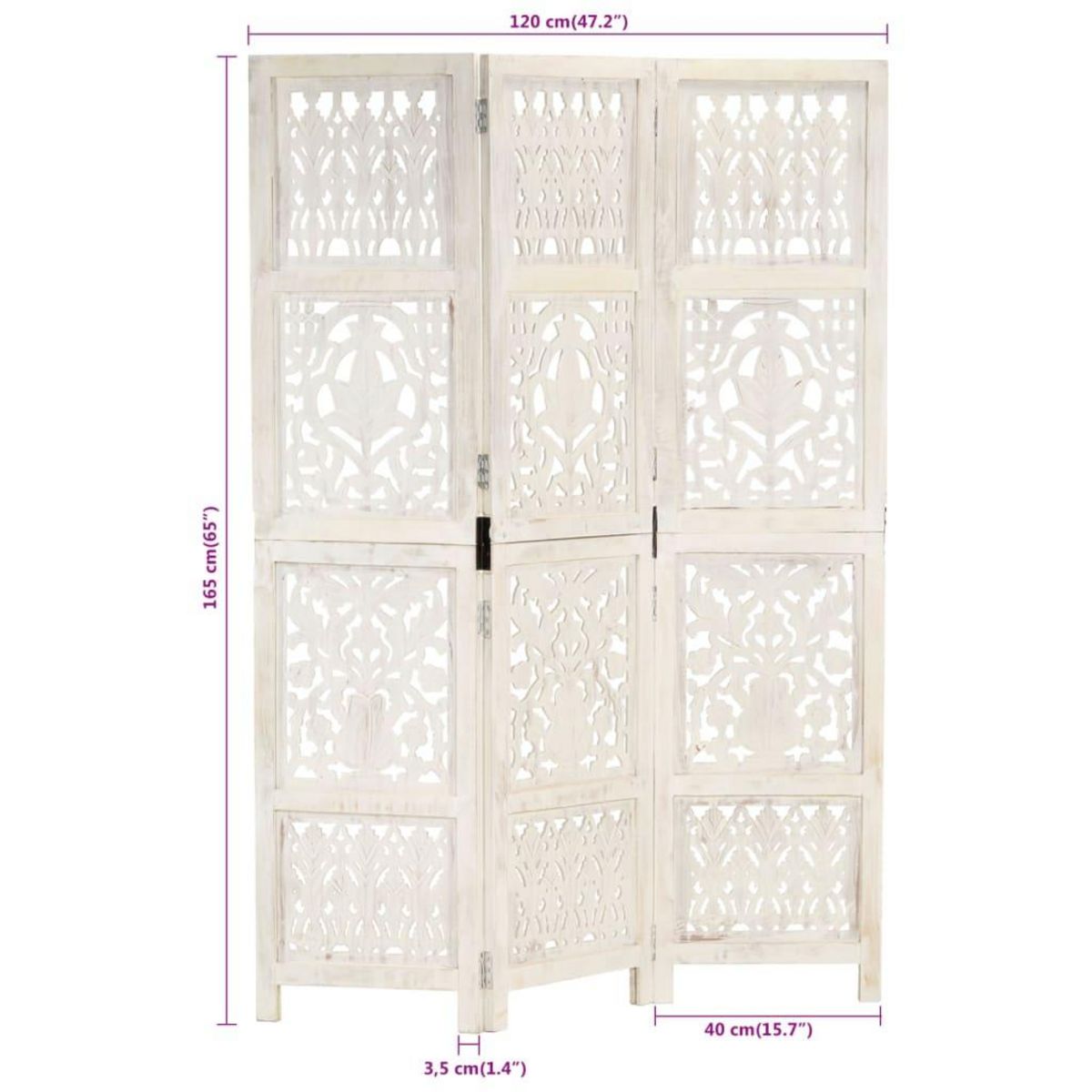 VIDAXL Cloison de separation 3 panneaux Blanc 120x165 cm Bois manguier