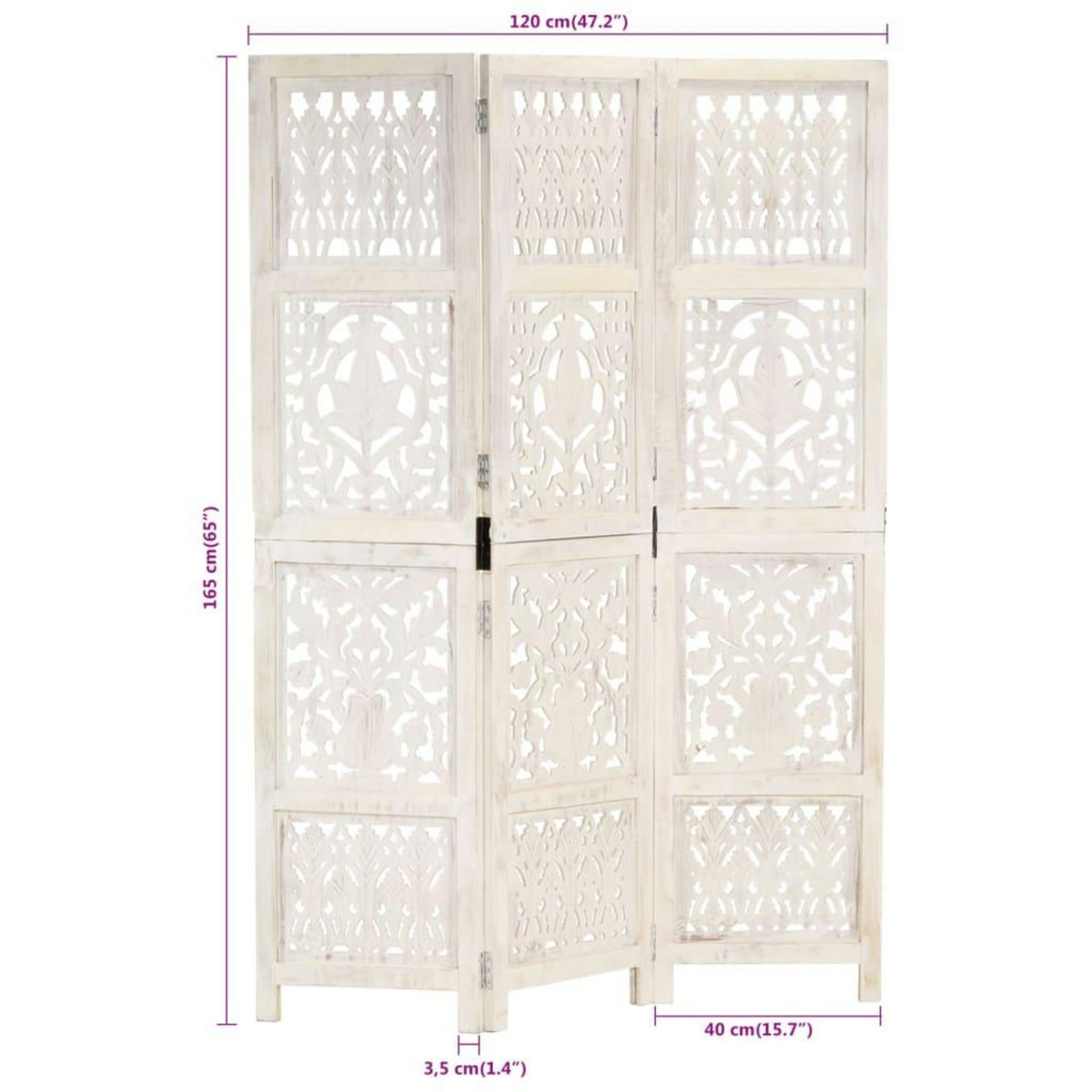 VIDAXL Cloison de separation 3 panneaux Blanc 120x165 cm Bois manguier