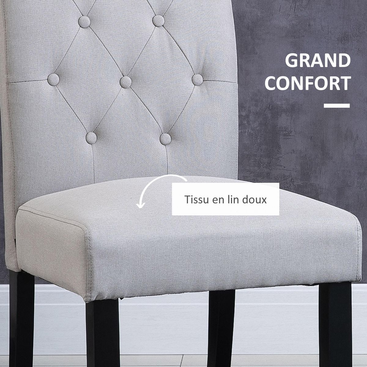 HOMCOM Lot de 2 chaises de salle à manger grand confort pieds en bois lin 47 x 61 x 101 cm gris clair