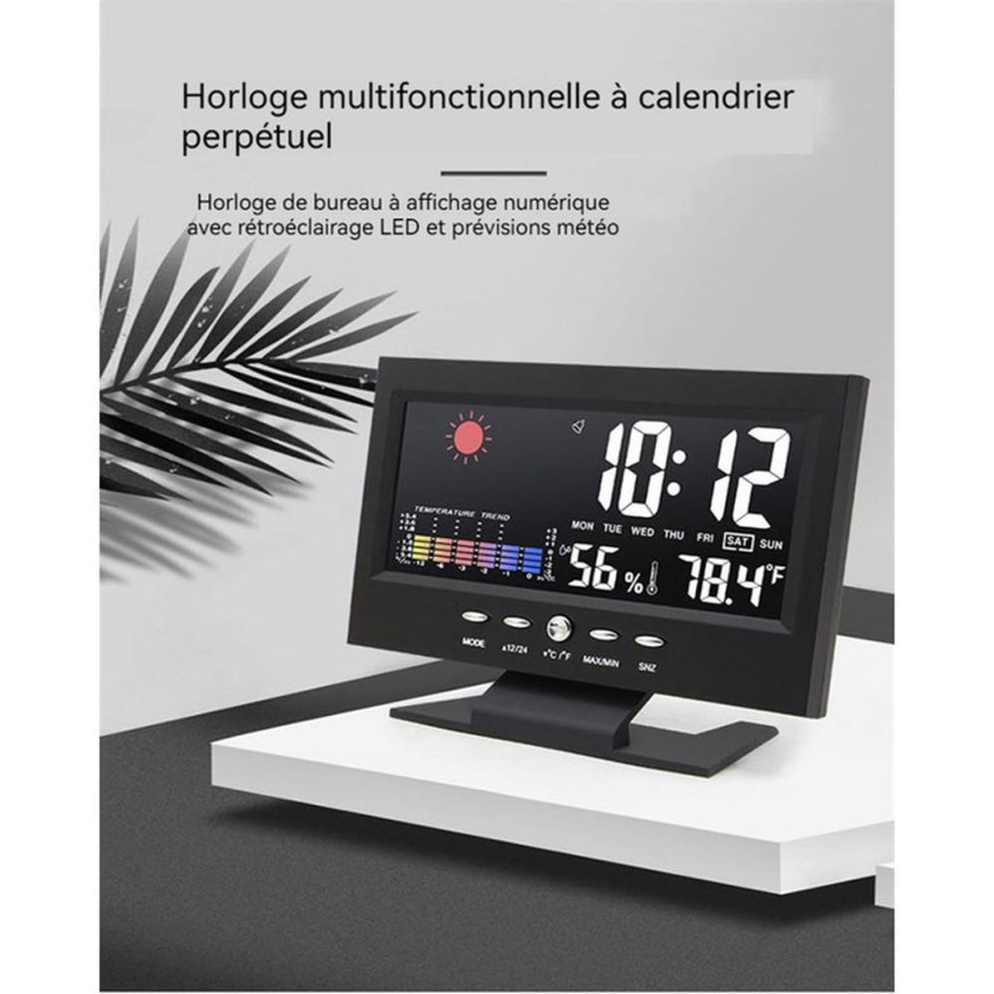 Voir la diapositive 3 : Réveil horloge numérique LCD rétroéclairé noir avec météo, température °C/°F et humidité, affichage heure, date et jour, graphique tendance et SNZ