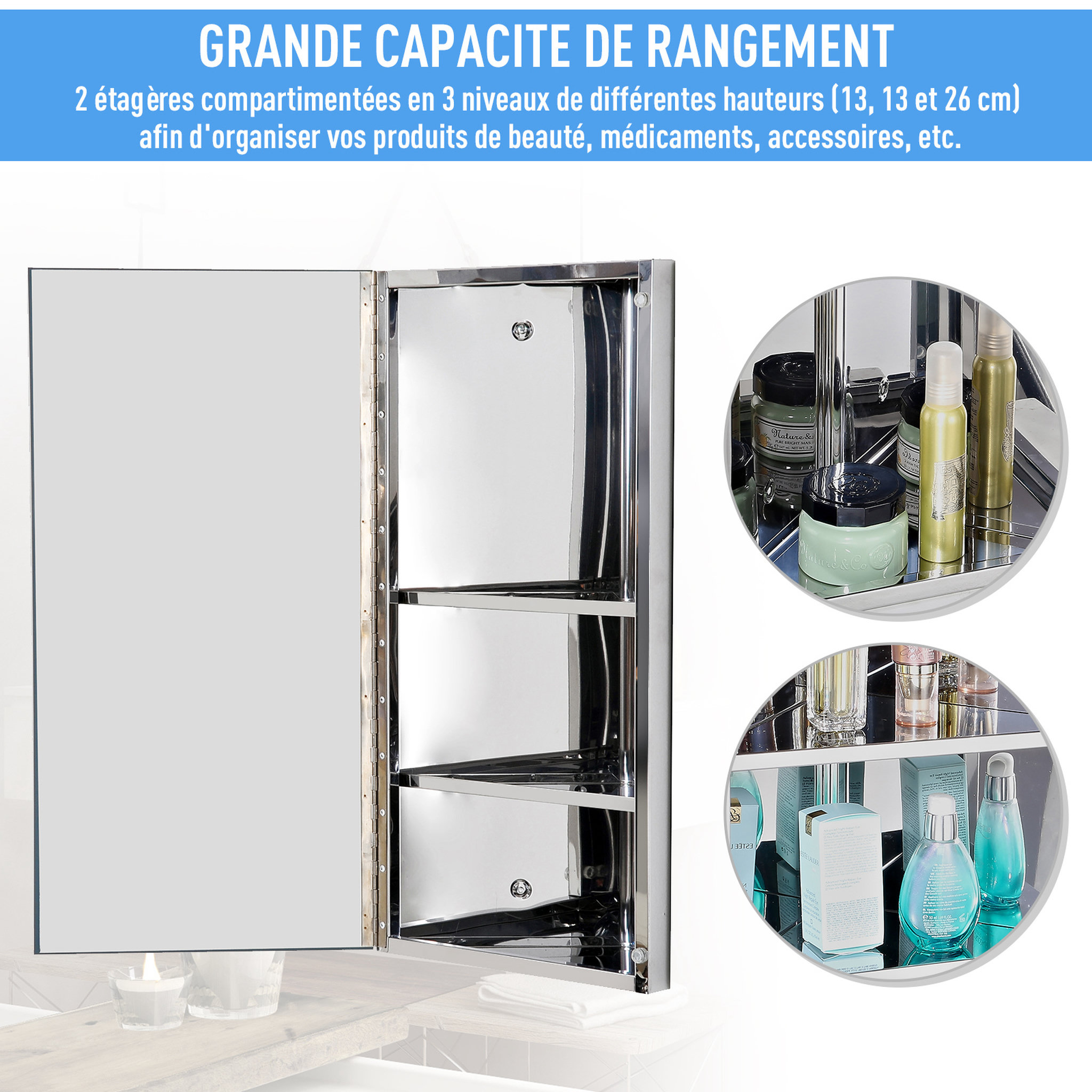 Voir la diapositive 4 : HOMCOM Armoire miroir salle de bain armoire de toilette murale meuble d'angle 2 étagères dim. 30L x 18,4l x 60H cm acier inox.