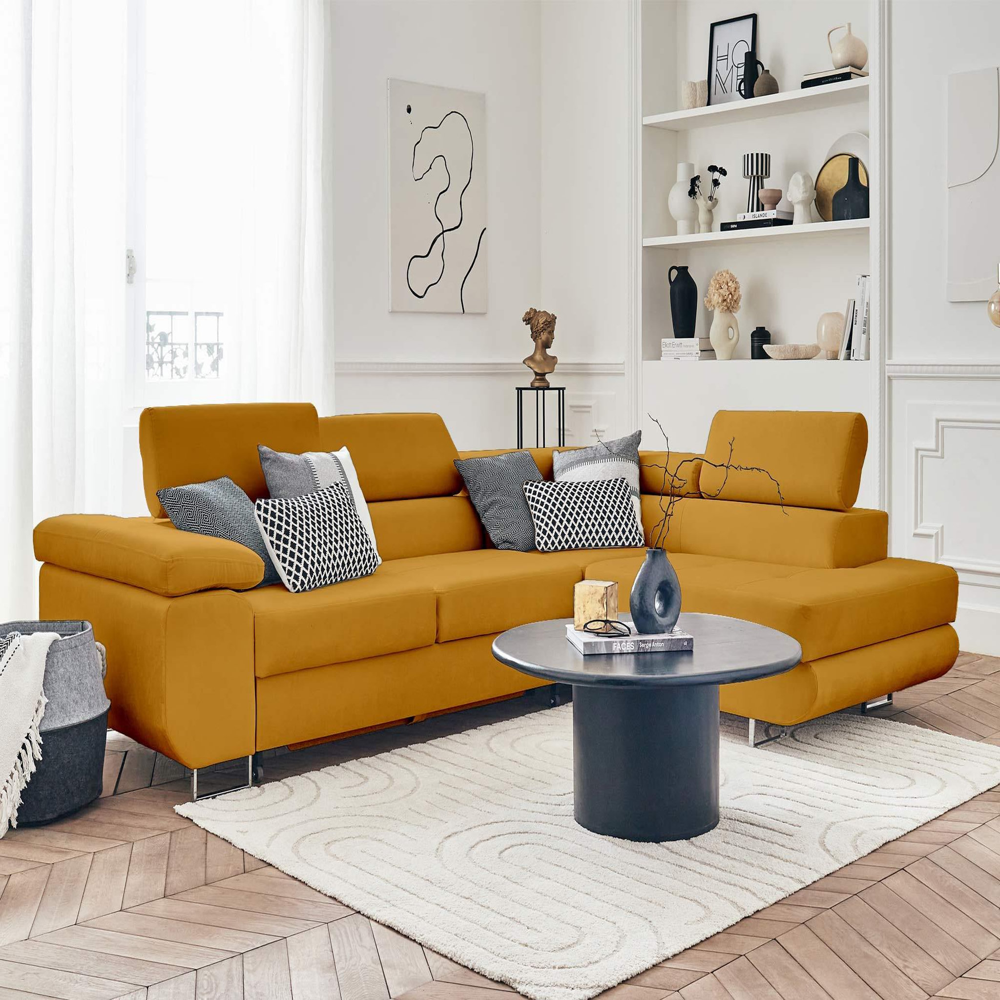 Voir la diapositive 6 : BEST MOBILIER Pablo - canapé d'angle droit - 5 places - convertible avec coffre et têtières réglables - en velours