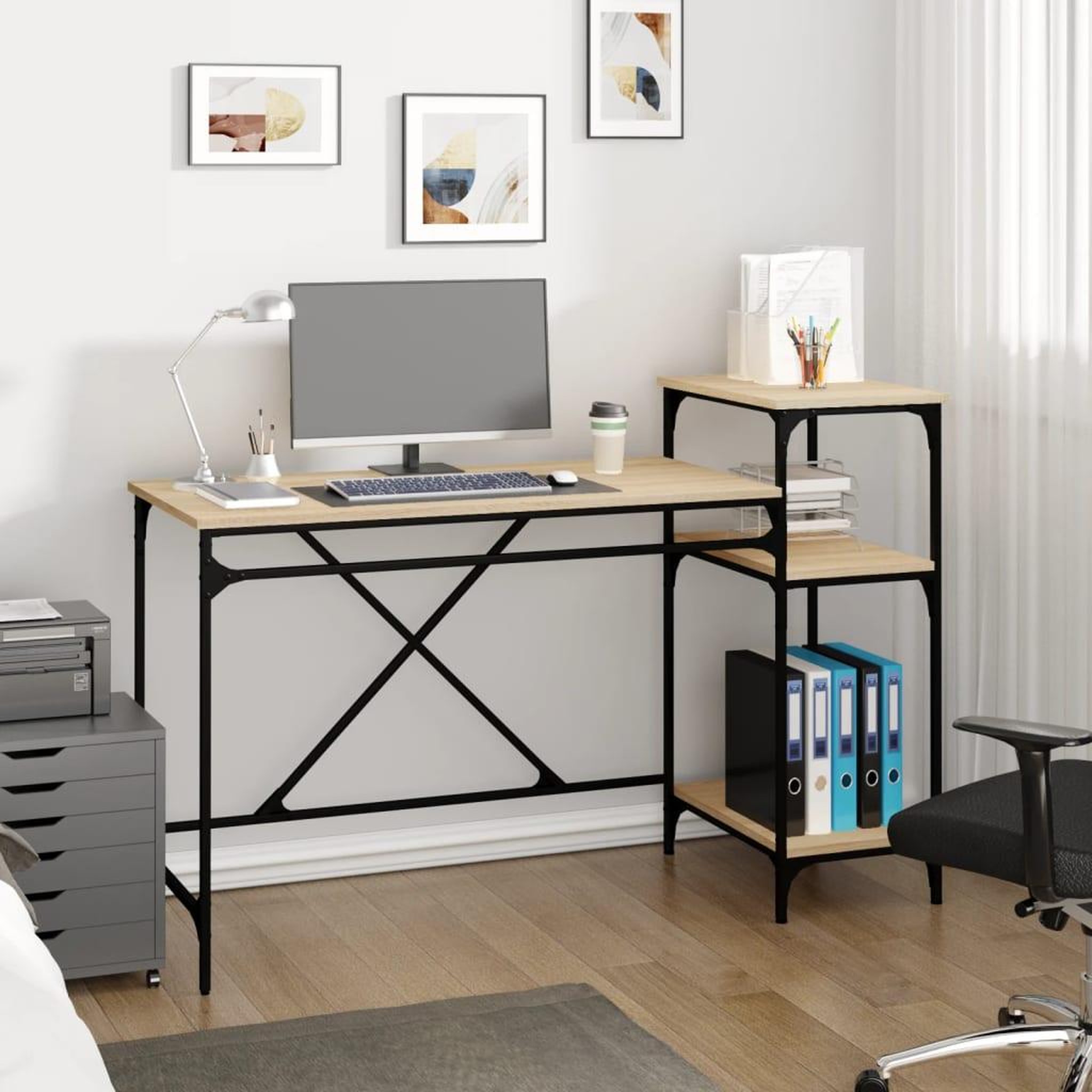 VIDAXL Bureau et etageres chene sonoma 135x50x90cm bois ingenierie/fer