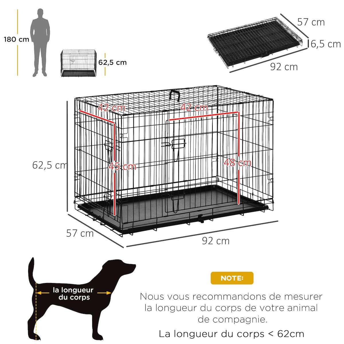 PAWHUT Cage caisse de transport pliante pour chien en métal noir 91 x 61 x 67 cm