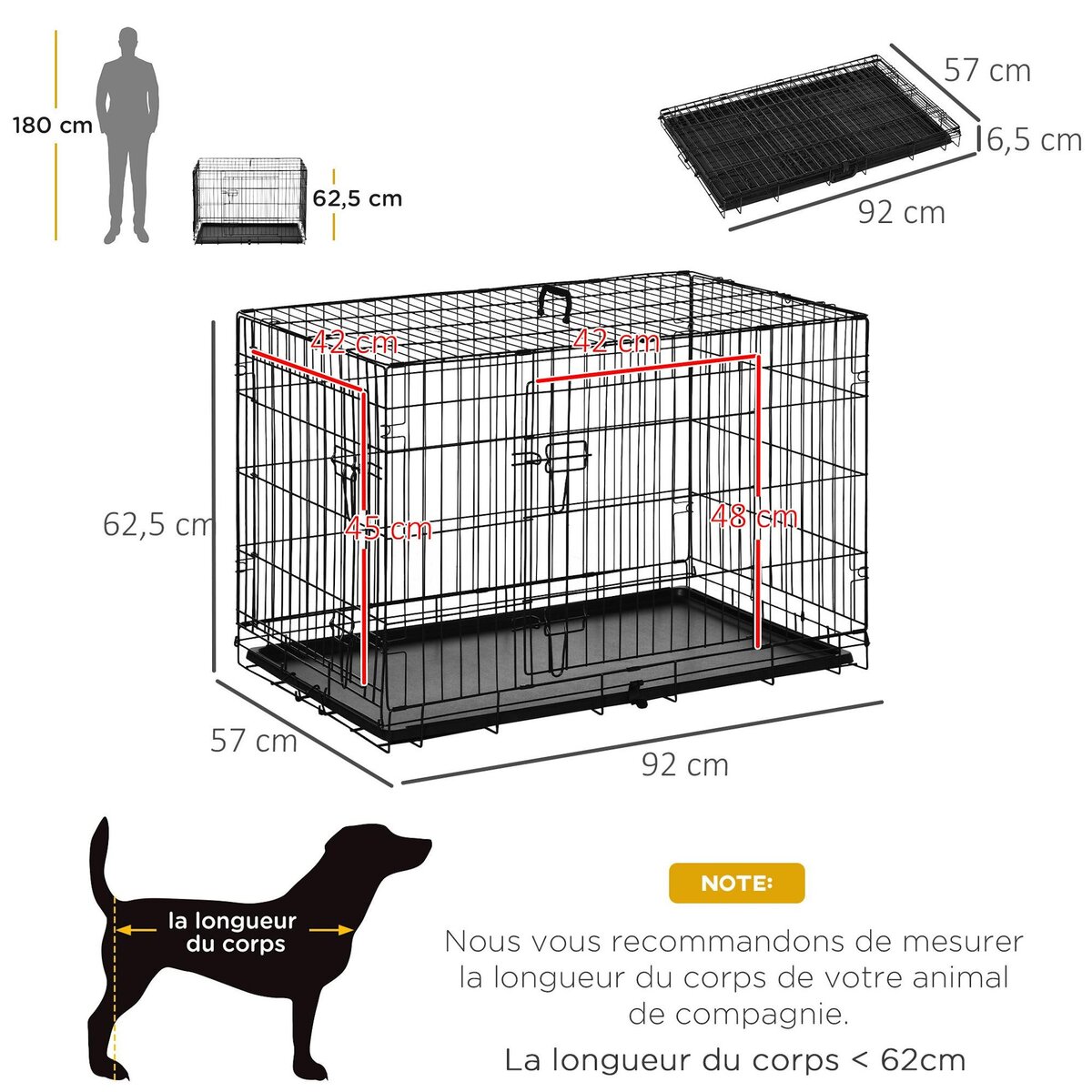 PAWHUT Cage caisse de transport pliante pour chien en métal noir 91 x 61 x 67 cm