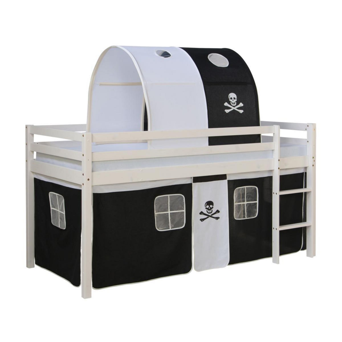 HomeStyle4U Lit mezzanine 90x200 avec échelle Tunnel et Rideau Pirate Noir