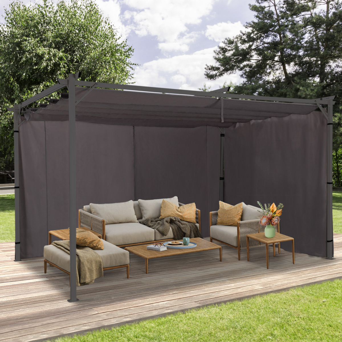 ID MARKET Lot de 2 rideaux pour pergola 3 et 4 M gris panneaux muraux avec fermeture éclair