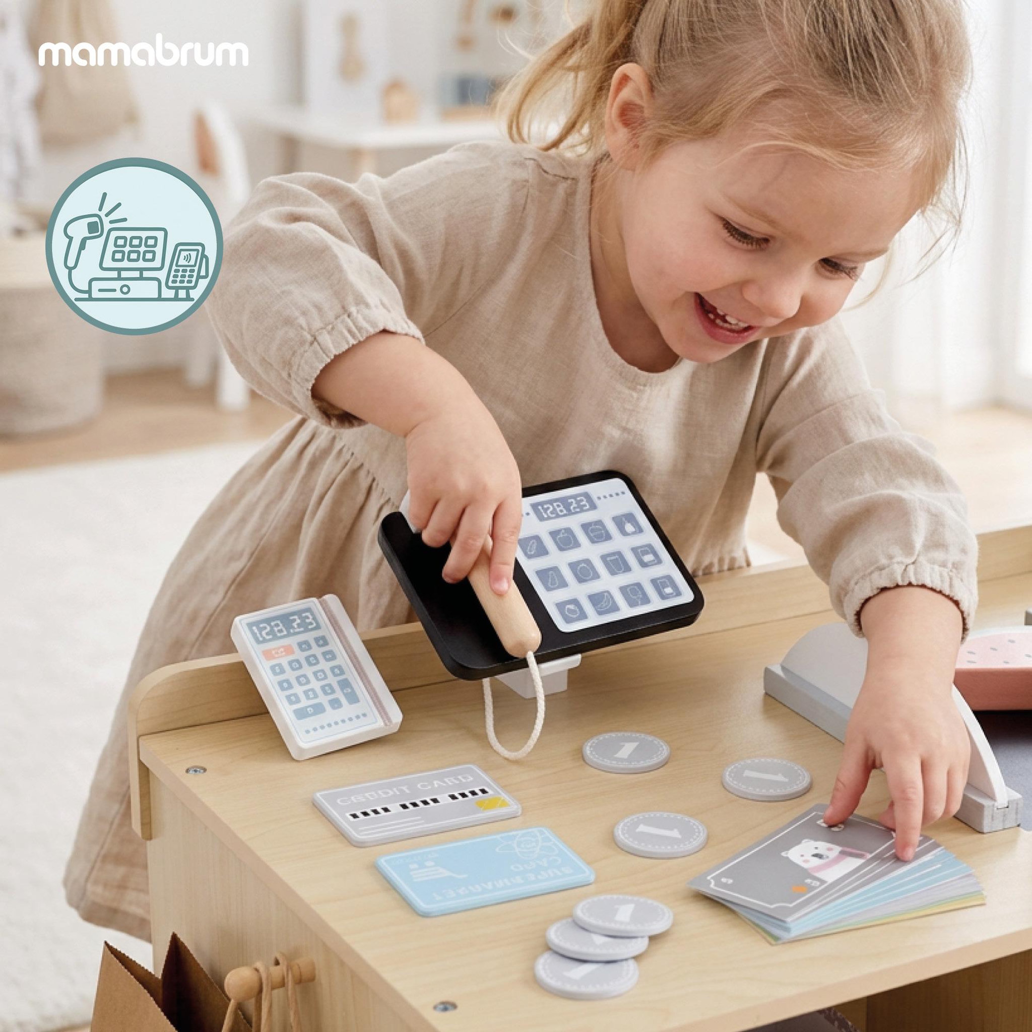 Voir la diapositive 4 : MAMABRUM Marchande Bois Enfant Mamabrum Sklep Jouet Caisse 60 Accessoires Supermarche 3 Ans