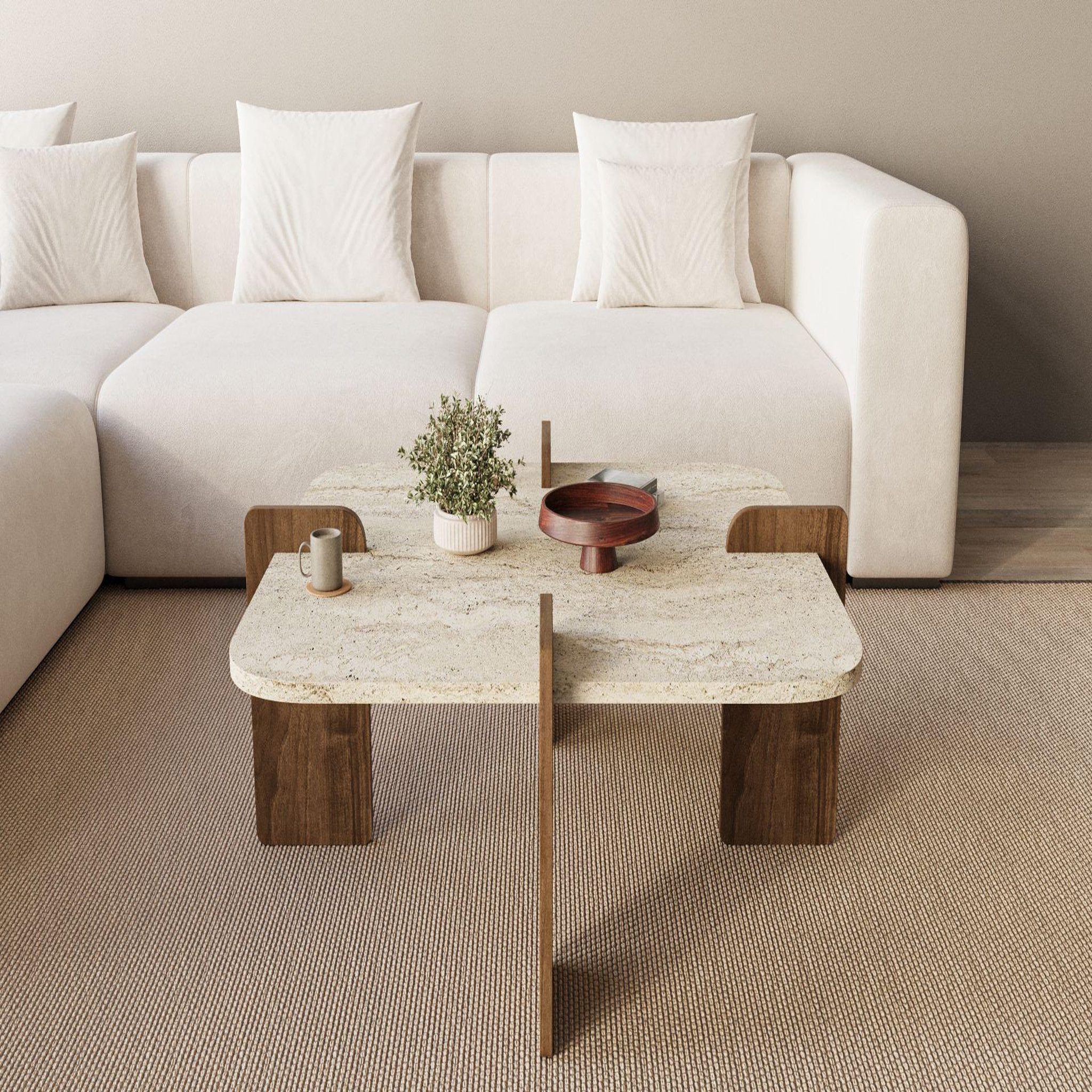 Voir la diapositive 3 : Habitat et Jardin Table basse en bois  poalla  - 90 x 90 x 35 cm - travertin