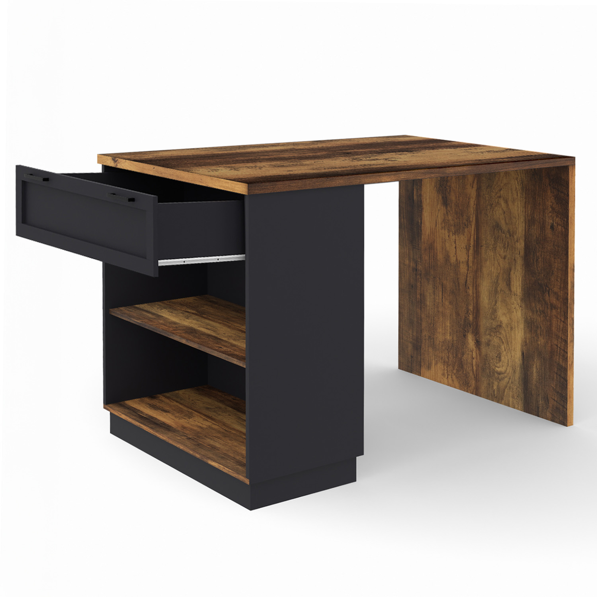 Voir la diapositive 4 : ID MARKET Ilot central mange-debout 4 personnes vito 130 cm noir et effet bois foncé hawkins