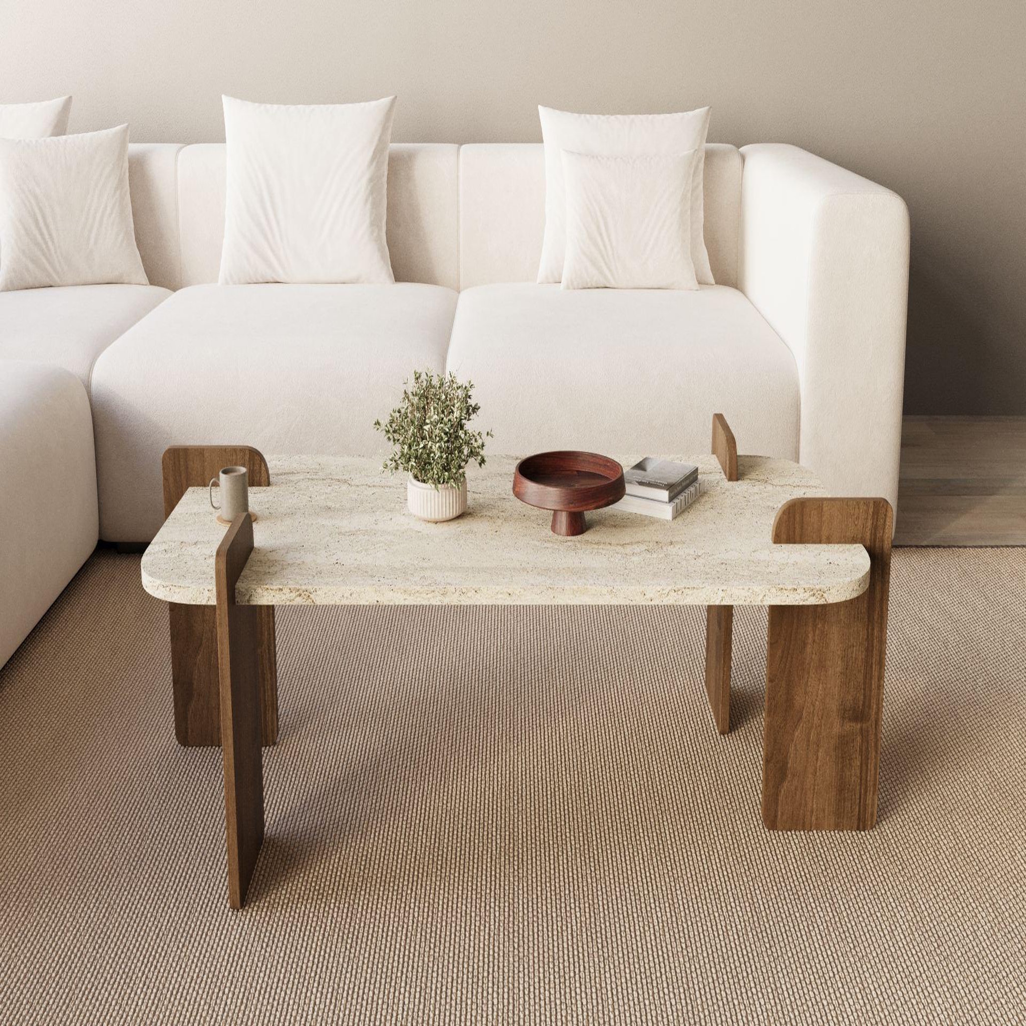 Voir la diapositive 3 : Habitat et Jardin Table basse en bois  leapiri  - 120 x 60 x 35 cm - travertin
