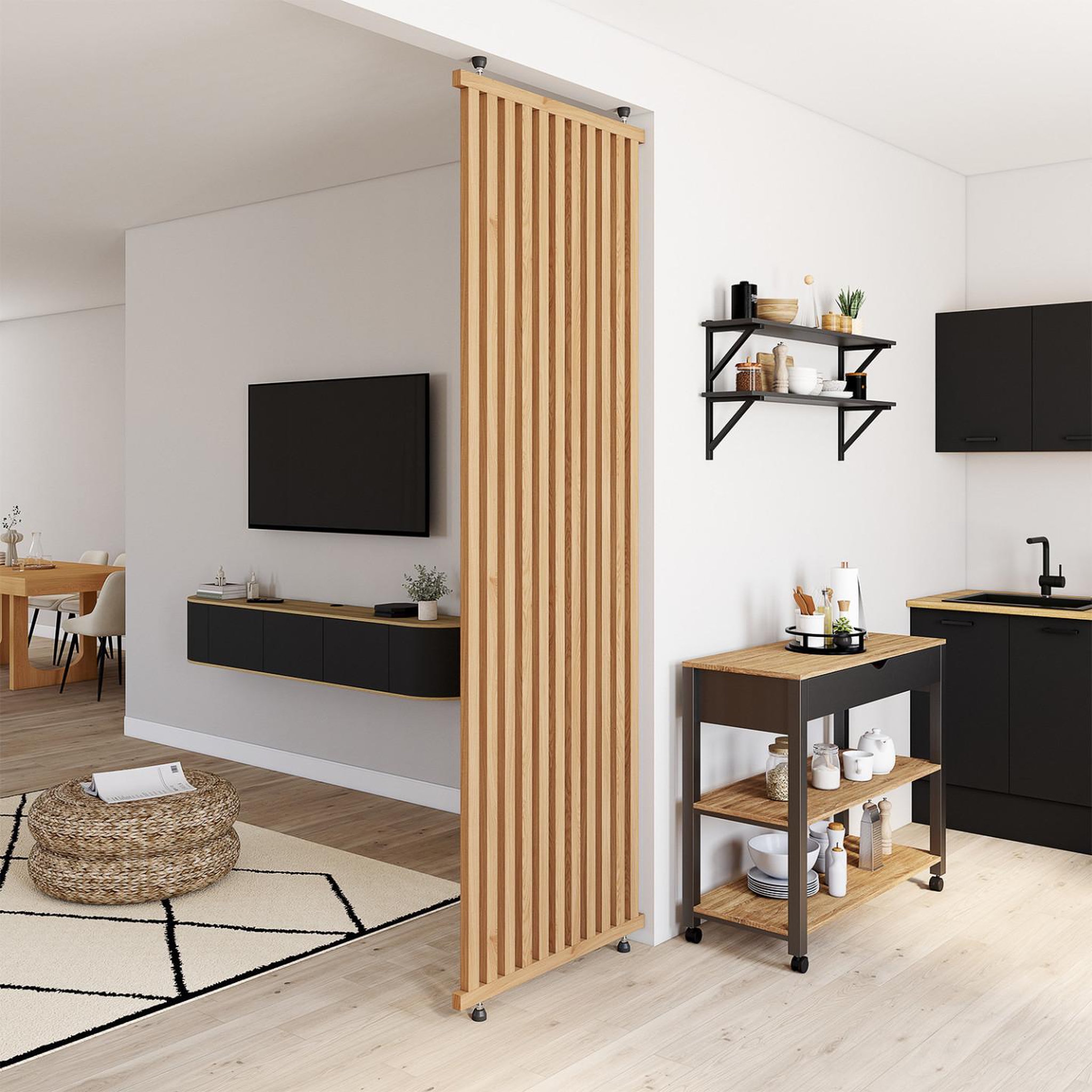 Voir la diapositive 2 : ID MARKET Cloison de séparation claustra 250 x 80 cm en tasseaux de bois coloris chêne